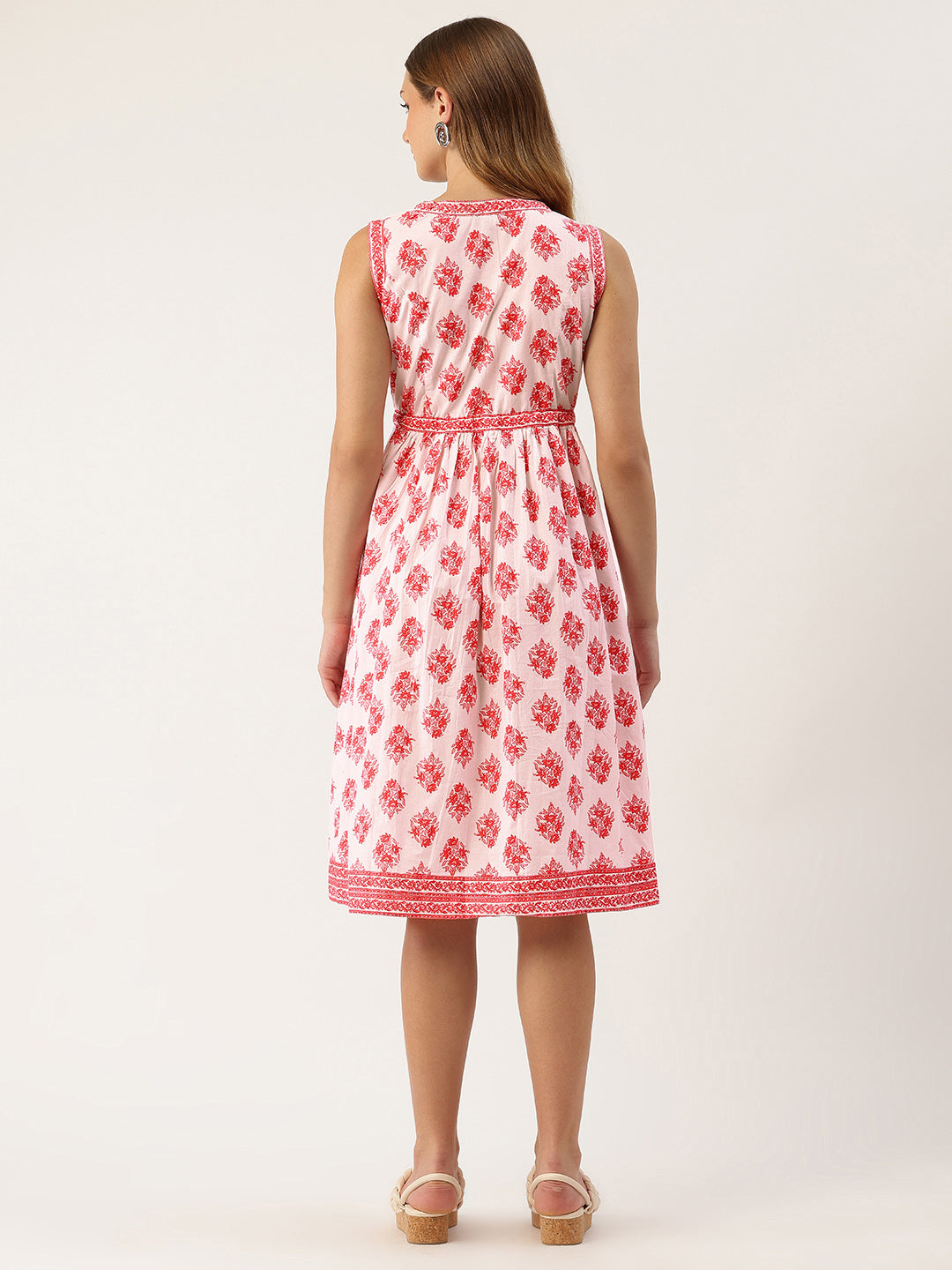 Living Roots Ethnic Knee-Length Cotton Dress for Women | Pleated & Printed | sleeveless (2052)