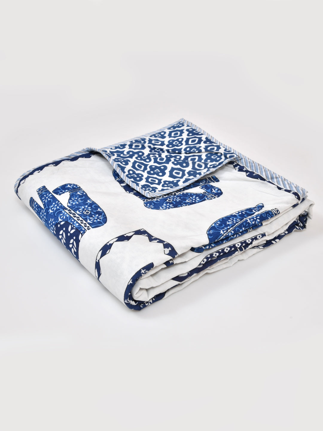 Blue and White Elephant Block Print Reversible AC Dohar- 100% Cotton