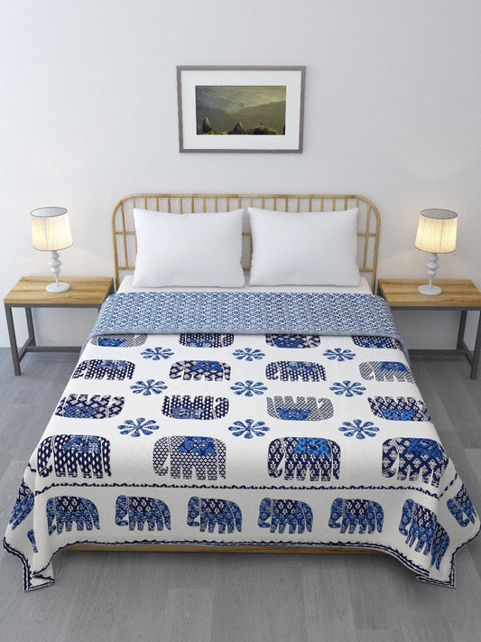 LIVING ROOTS Blue and White Elephant Block Print Reversible AC Dohar- 100% Cotton (21-011-A)