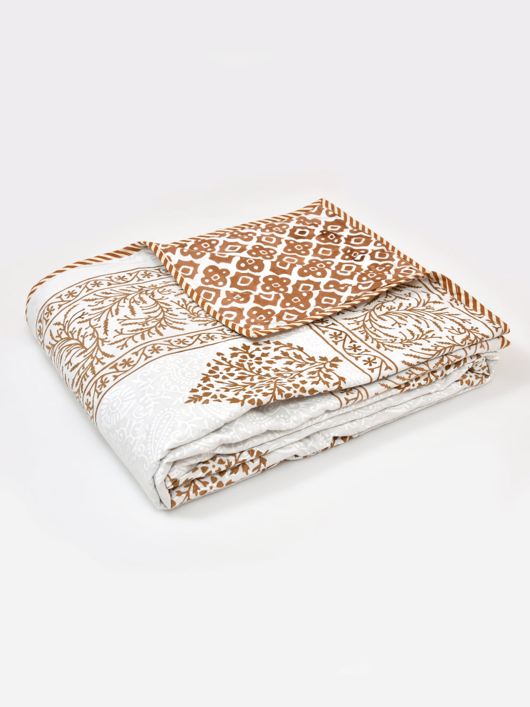 LIVING ROOTS 100% Cotton Dohar King Size Reversible Hand Block Printed Malmal Summer Dohar (Brown Motifs) (21-014-A)