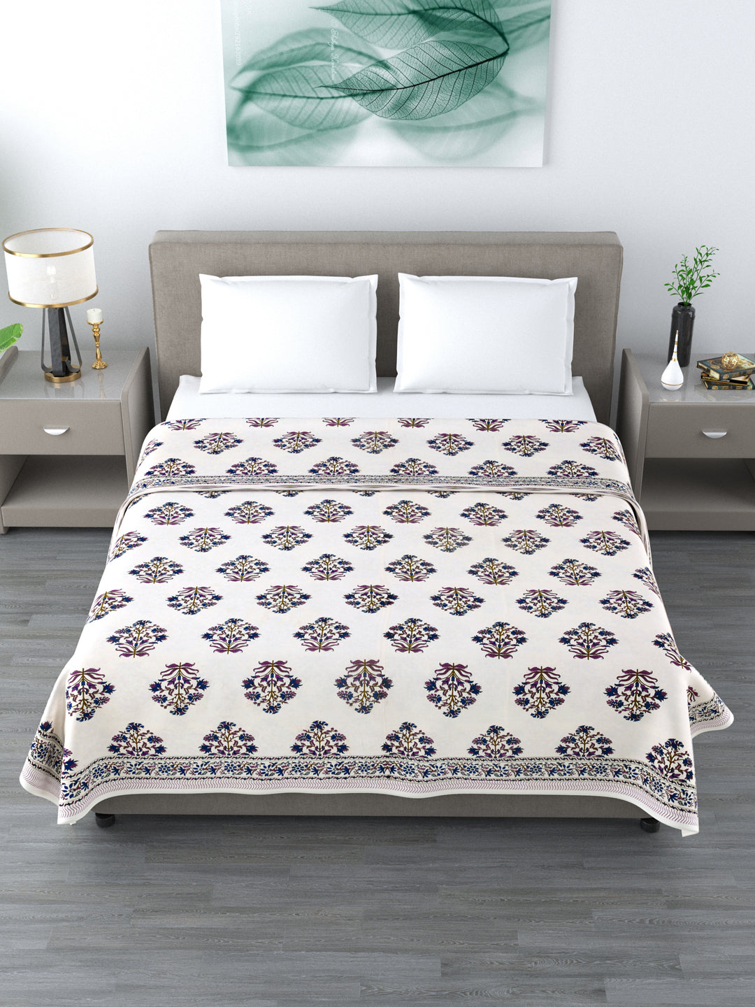 LIVING ROOTS Blue Floral+Elephant Block Print Reversible AC Dohar- 100% Cotton (21-014)