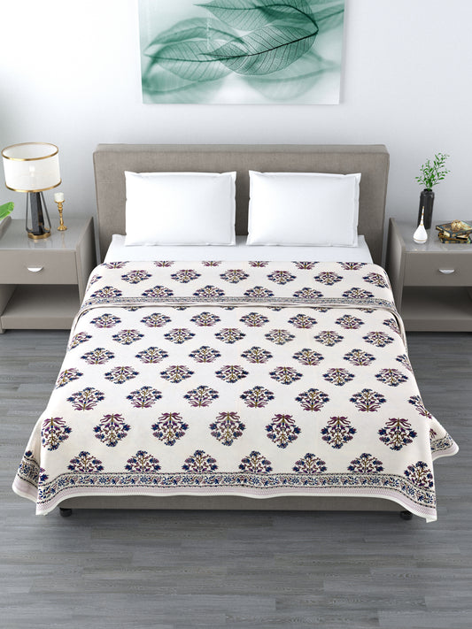 LIVING ROOTS Blue Floral+Elephant Block Print Reversible AC Dohar- 100% Cotton (21-014)