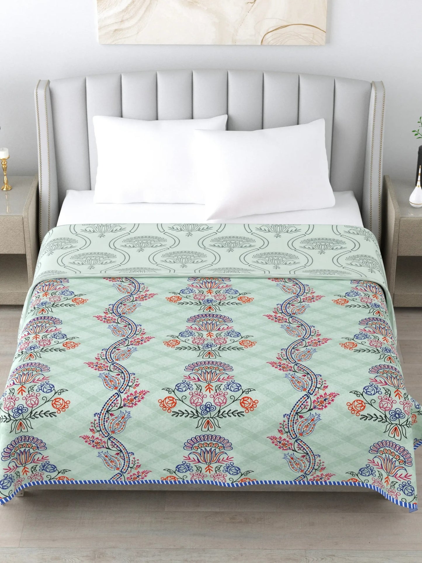 1 Double Bed Dohar Super Soft Malmal (Muslin) Pure Cotton , All Season Reversible AC Comforter Hand Block Print - 86 x 96 inches (7.1*8 Feet) (043-A)