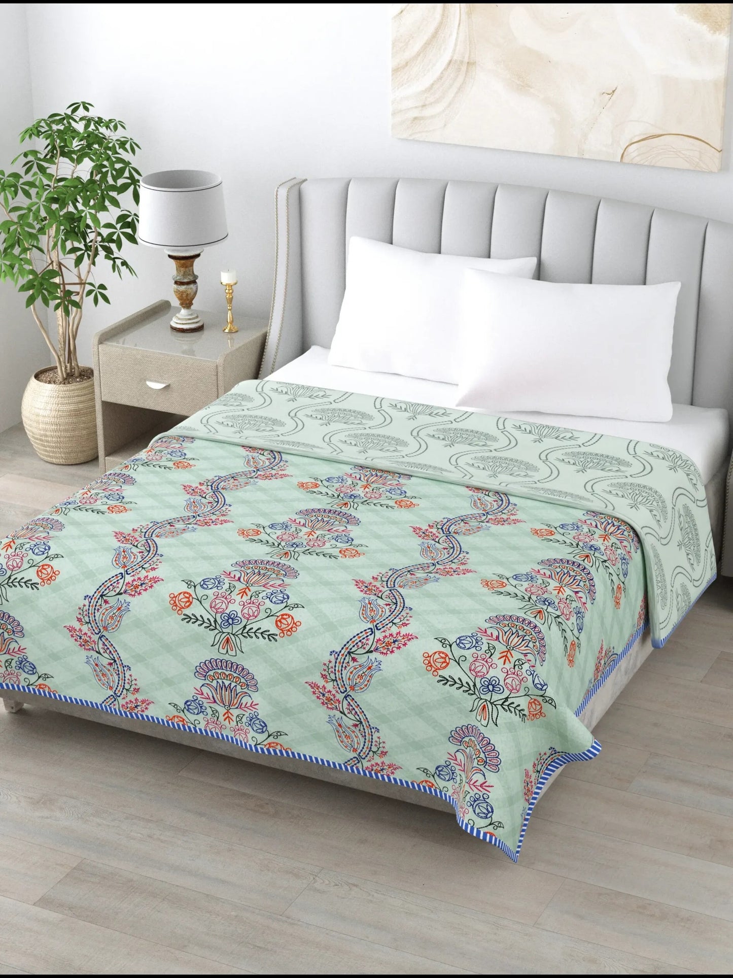 1 Double Bed Dohar Super Soft Malmal (Muslin) Pure Cotton , All Season Reversible AC Comforter Hand Block Print - 86 x 96 inches (7.1*8 Feet) (043-A)