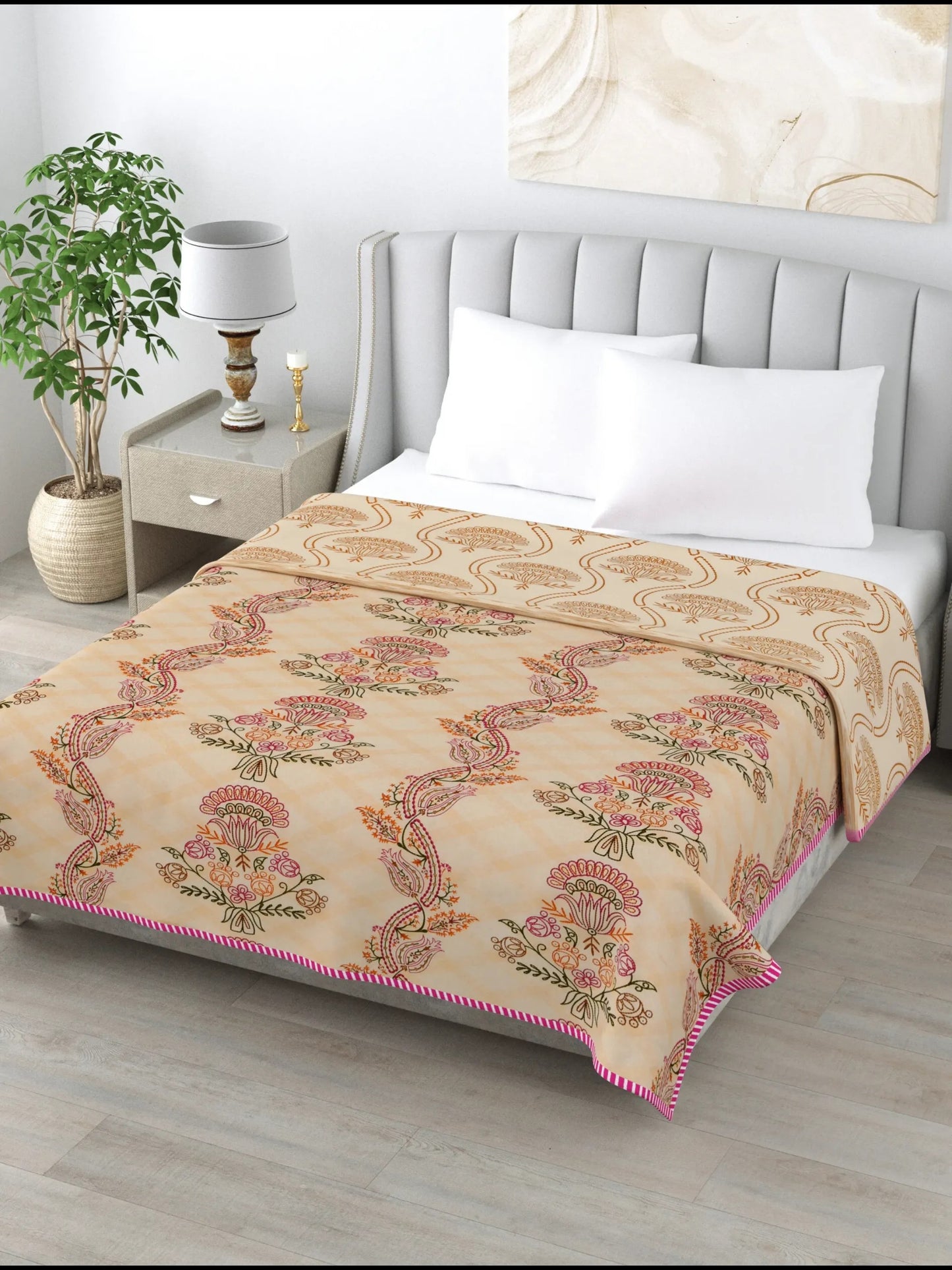 1 Double Bed Dohar Super Soft Malmal (Muslin) Pure Cotton , All Season Reversible AC Comforter Hand Block Print - 86 x 96 inches (7.1*8 Feet) (043-B)