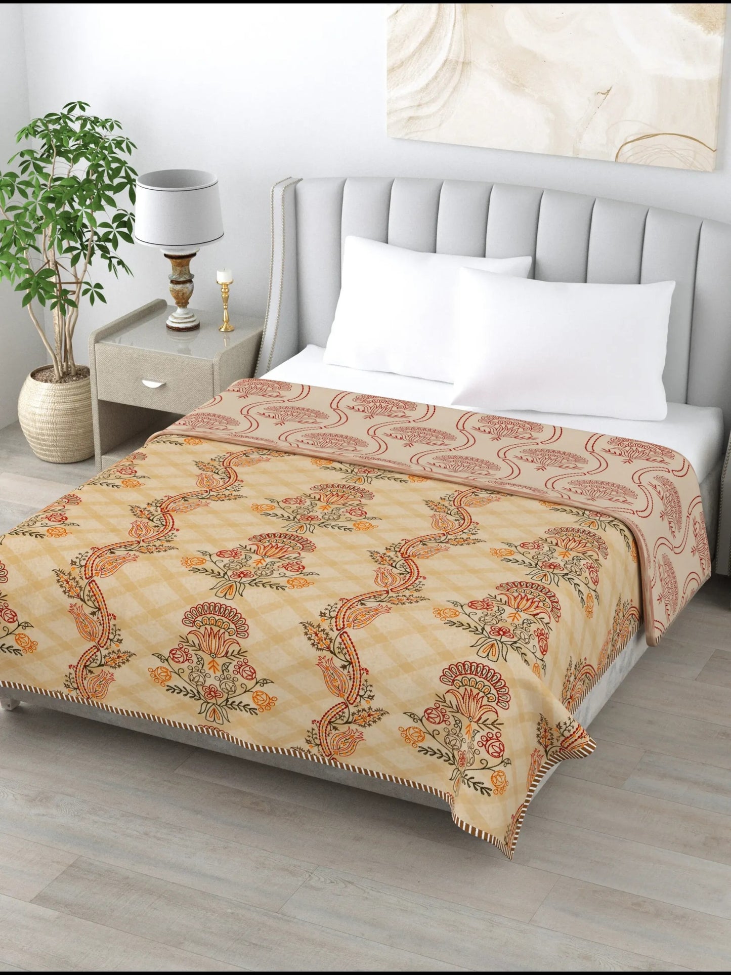 1 Double Bed Dohar Super Soft Malmal (Muslin) Pure Cotton , All Season Reversible AC Comforter Hand Block Print - 86 x 96 inches (7.1*8 Feet) (043-C)