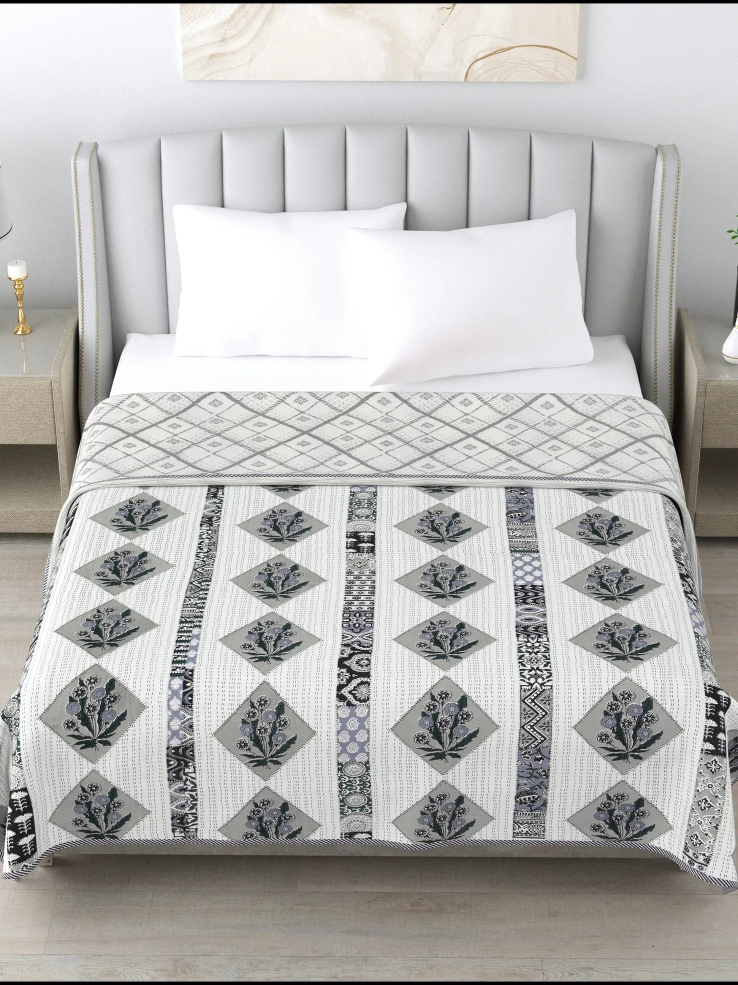 1 Double Bed Dohar Super Soft Malmal (Muslin) Pure Cotton , All Season Reversible AC Comforter Hand Block Print - 86 x 96 inches (7.1*8 Feet) (044-A)