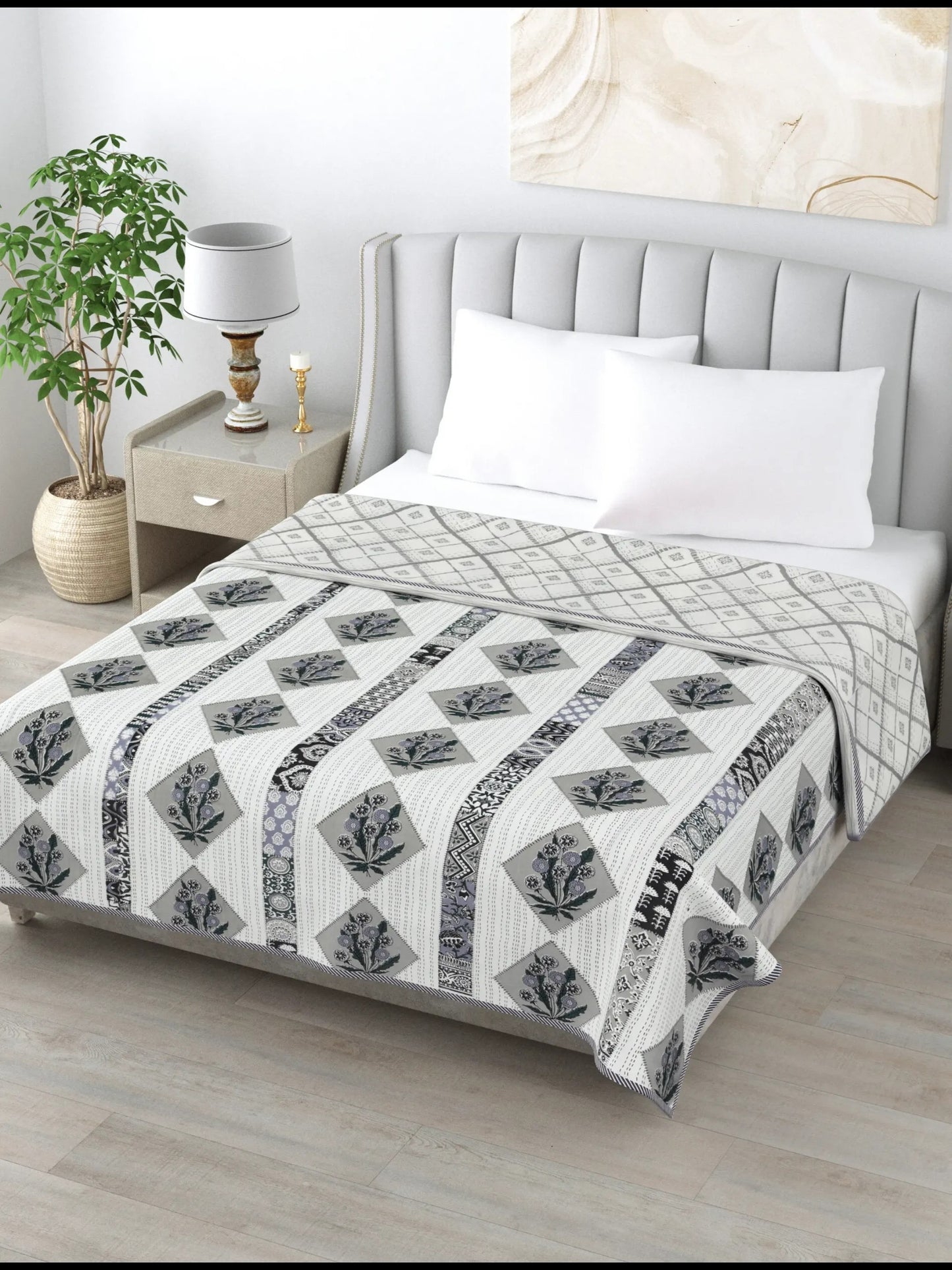 1 Double Bed Dohar Super Soft Malmal (Muslin) Pure Cotton , All Season Reversible AC Comforter Hand Block Print - 86 x 96 inches (7.1*8 Feet) (044-A)