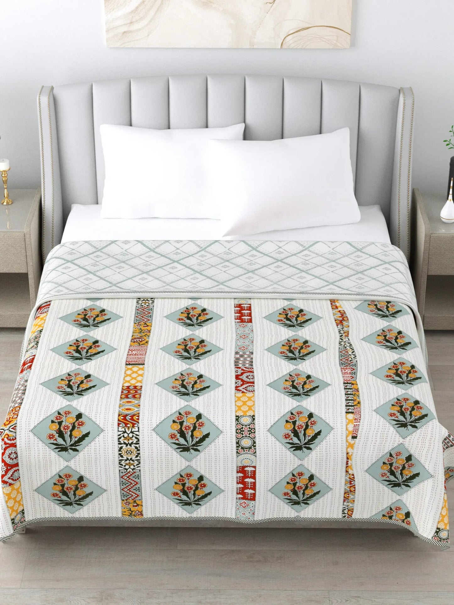 1 Double Bed Dohar Super Soft Malmal (Muslin) Pure Cotton , All Season Reversible AC Comforter Hand Block Print - 86 x 96 inches (7.1*8 Feet) (044-C)