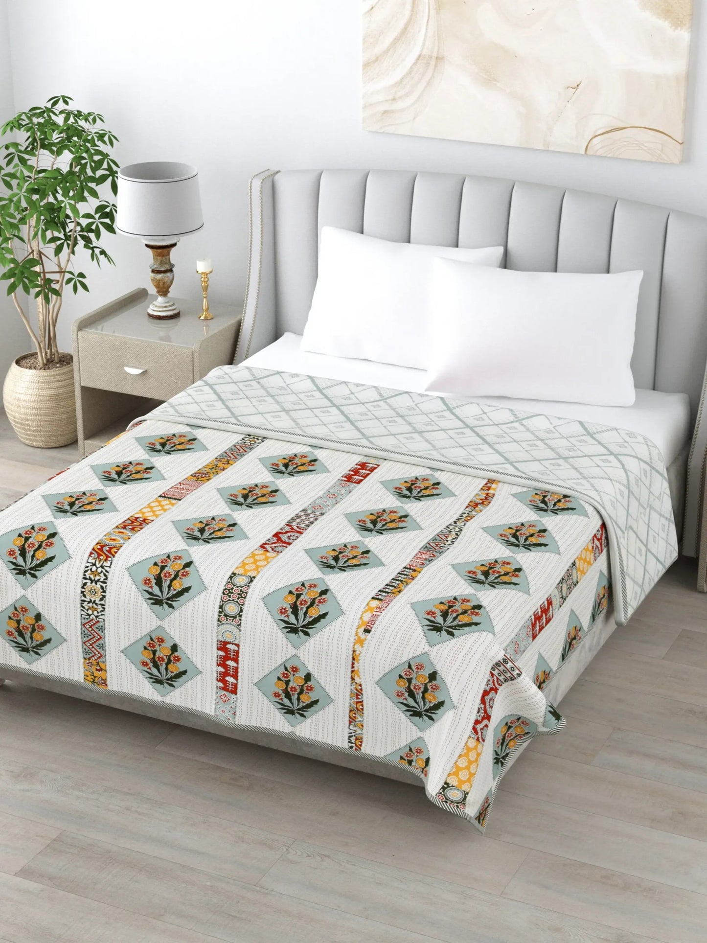 1 Double Bed Dohar Super Soft Malmal (Muslin) Pure Cotton , All Season Reversible AC Comforter Hand Block Print - 86 x 96 inches (7.1*8 Feet) (044-C)