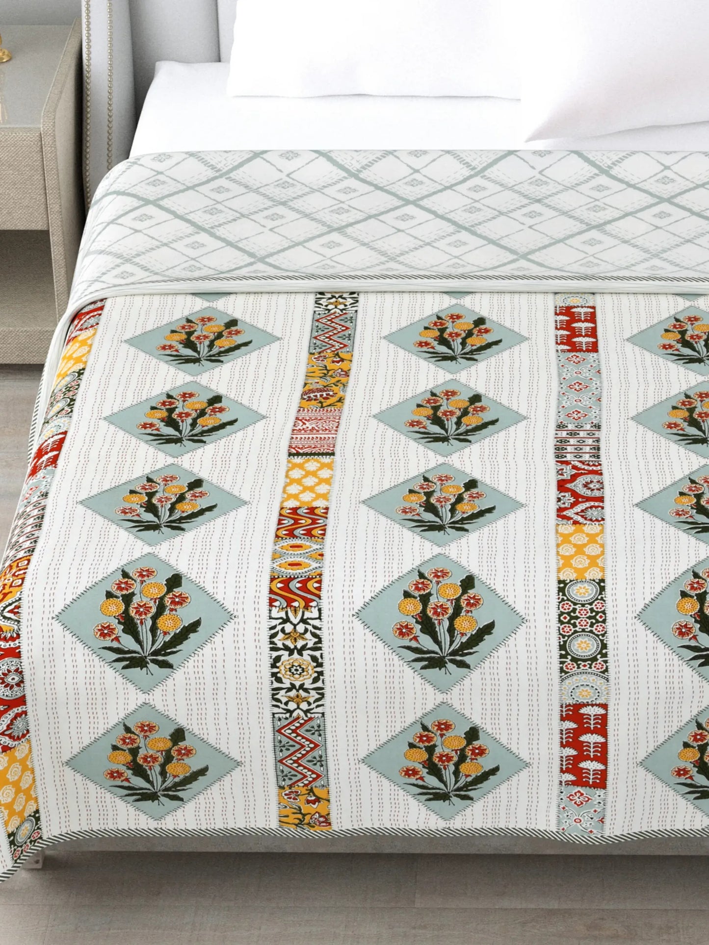 1 Double Bed Dohar Super Soft Malmal (Muslin) Pure Cotton , All Season Reversible AC Comforter Hand Block Print - 86 x 96 inches (7.1*8 Feet) (044-C)