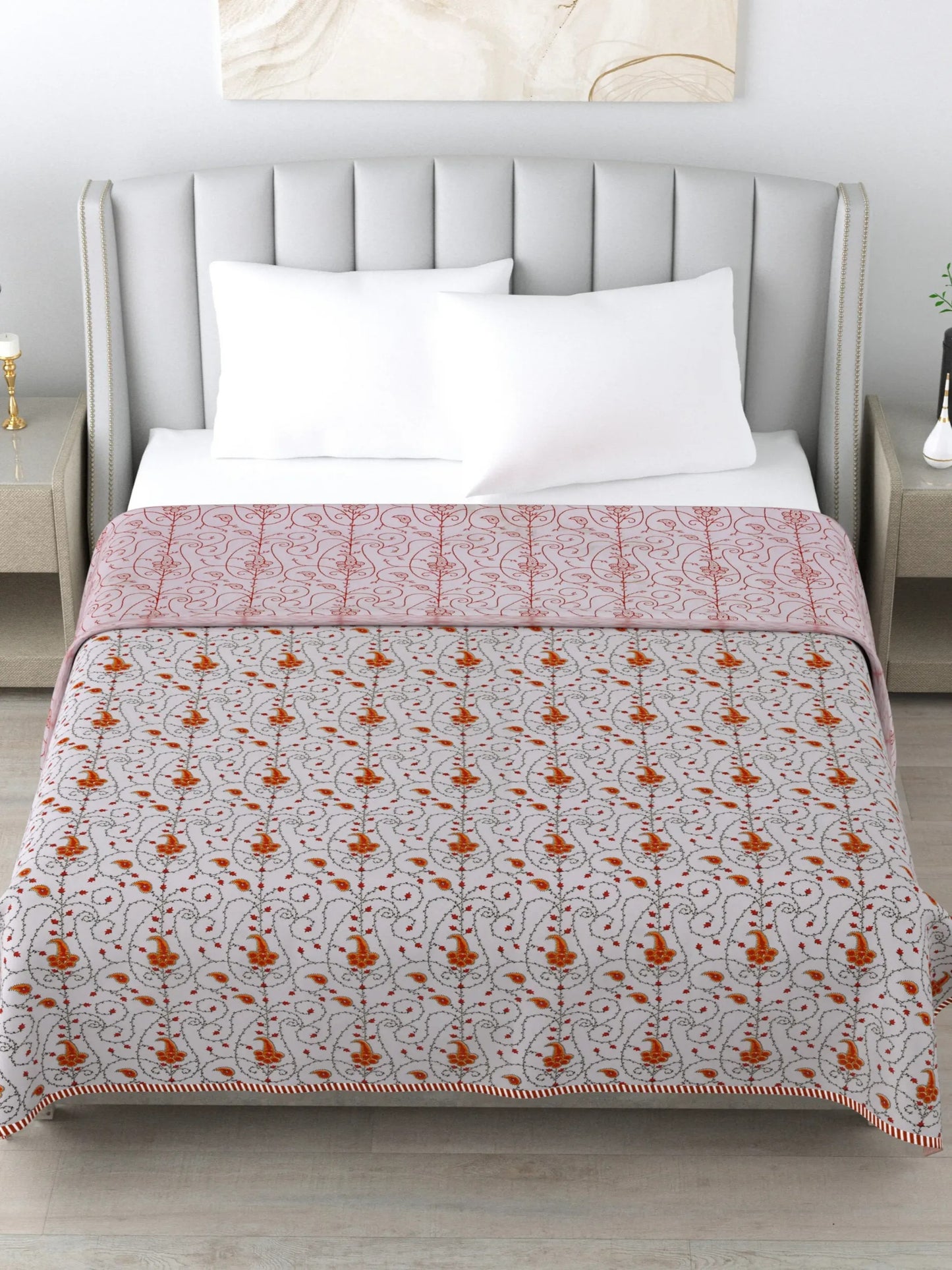 1 Double Bed Dohar Super Soft Malmal (Muslin) Pure Cotton , All Season Reversible AC Comforter Hand Block Print - 86 x 96 inches (7.1*8 Feet) (045-A)