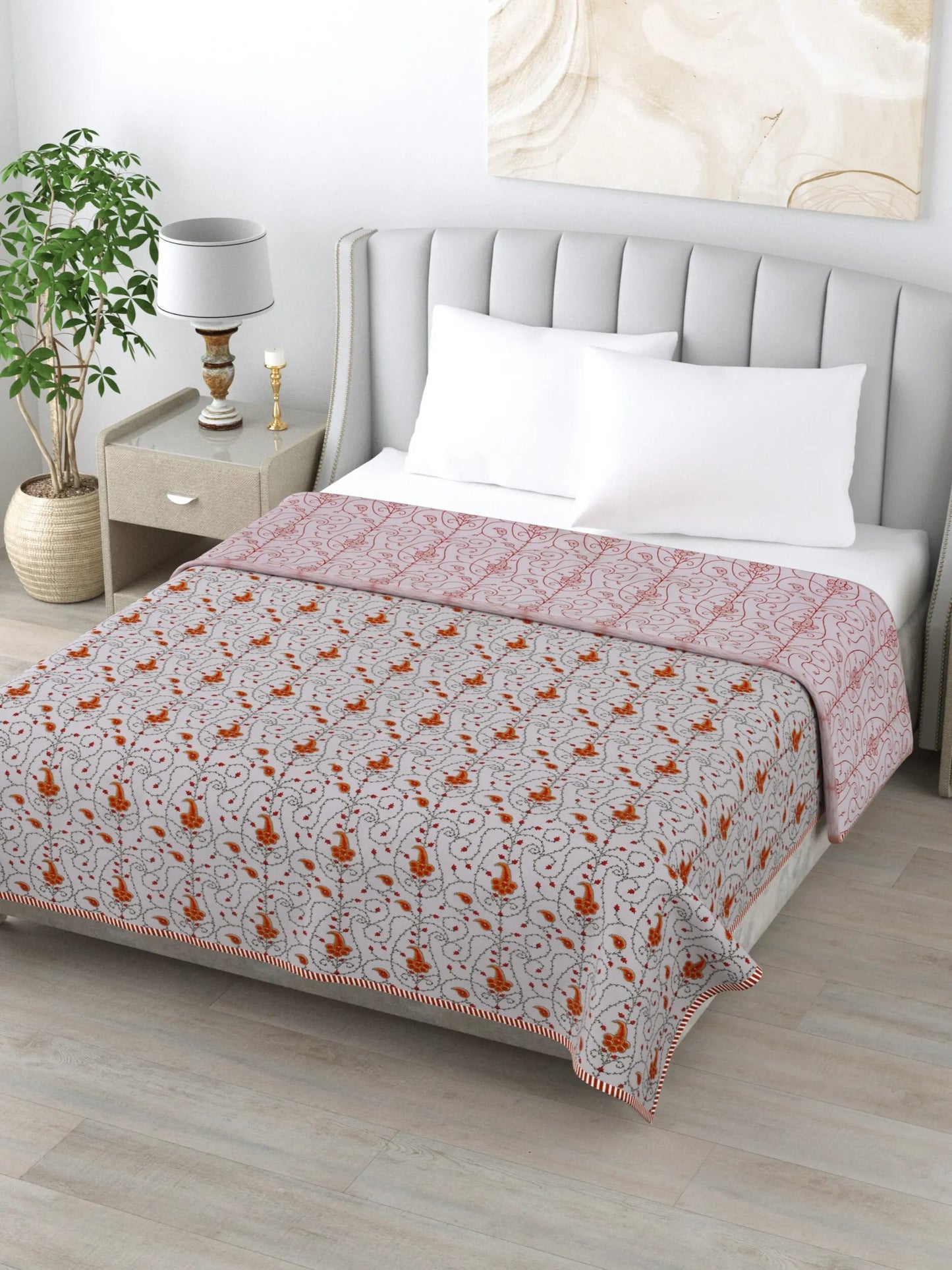 1 Double Bed Dohar Super Soft Malmal (Muslin) Pure Cotton , All Season Reversible AC Comforter Hand Block Print - 86 x 96 inches (7.1*8 Feet) (045-A)