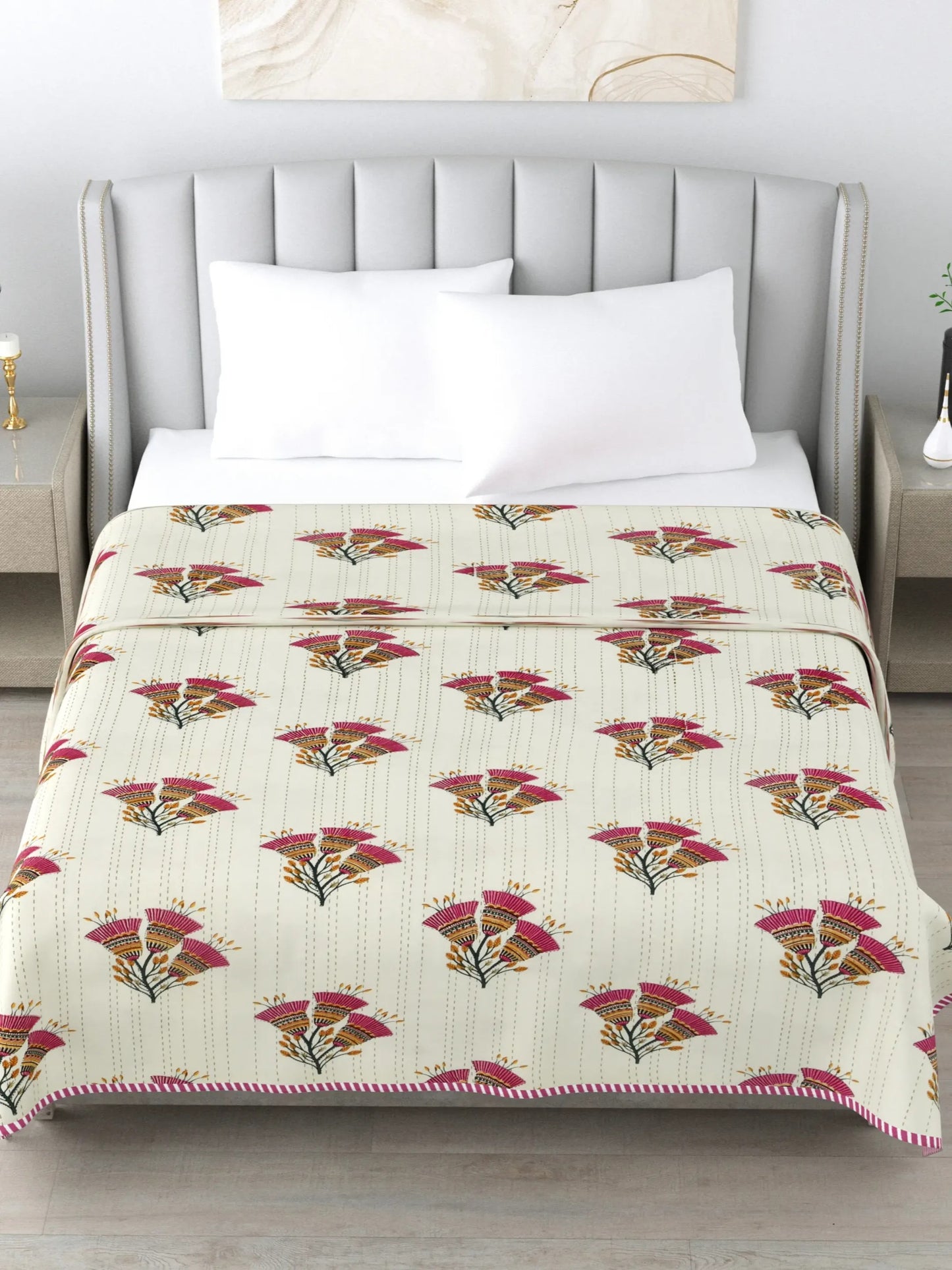 1 Double Bed Dohar Super Soft Malmal (Muslin) Pure Cotton , All Season Reversible AC Comforter Hand Block Print - 86 x 96 inches (7.1*8 Feet) (046-B)