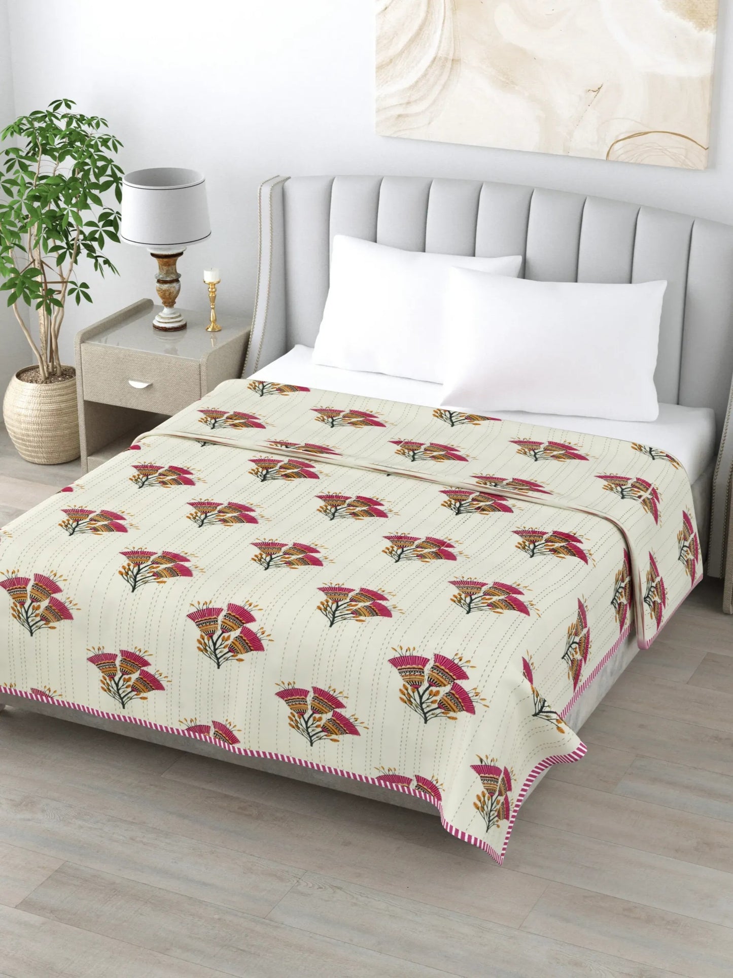 1 Double Bed Dohar Super Soft Malmal (Muslin) Pure Cotton , All Season Reversible AC Comforter Hand Block Print - 86 x 96 inches (7.1*8 Feet) (046-B)