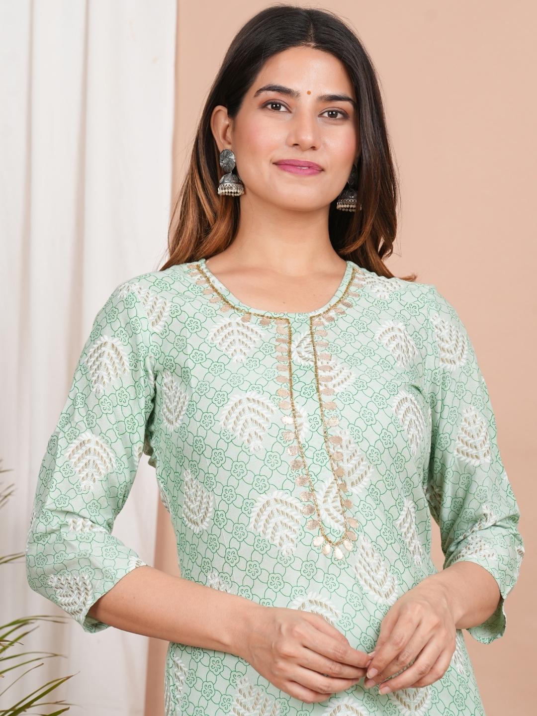 LIVING ROOTS Printed Green Pure Cotton Straight Kurti (W-1PC-013-M)