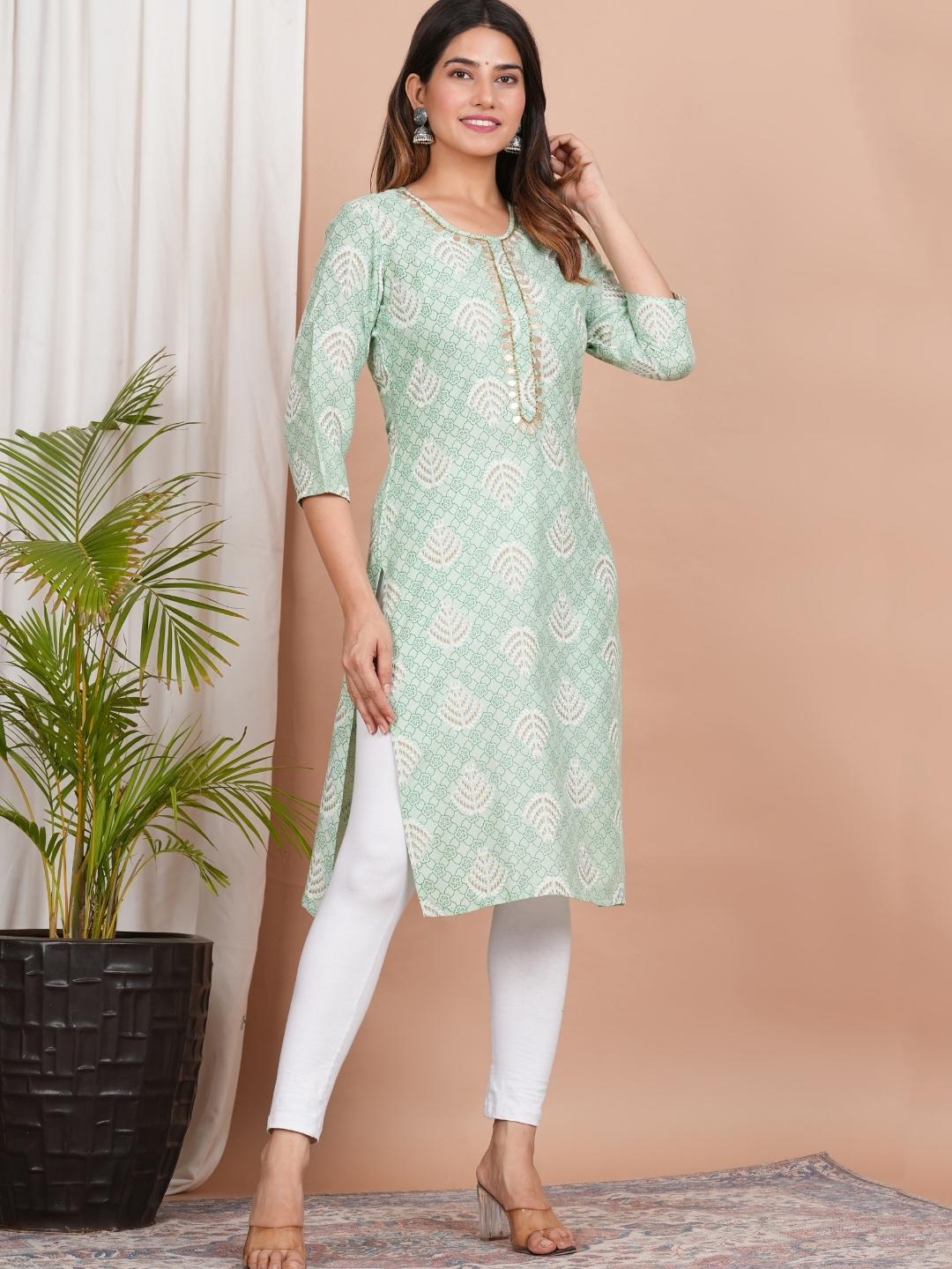 LIVING ROOTS Printed Green Pure Cotton Straight Kurti (W-1PC-013-M)