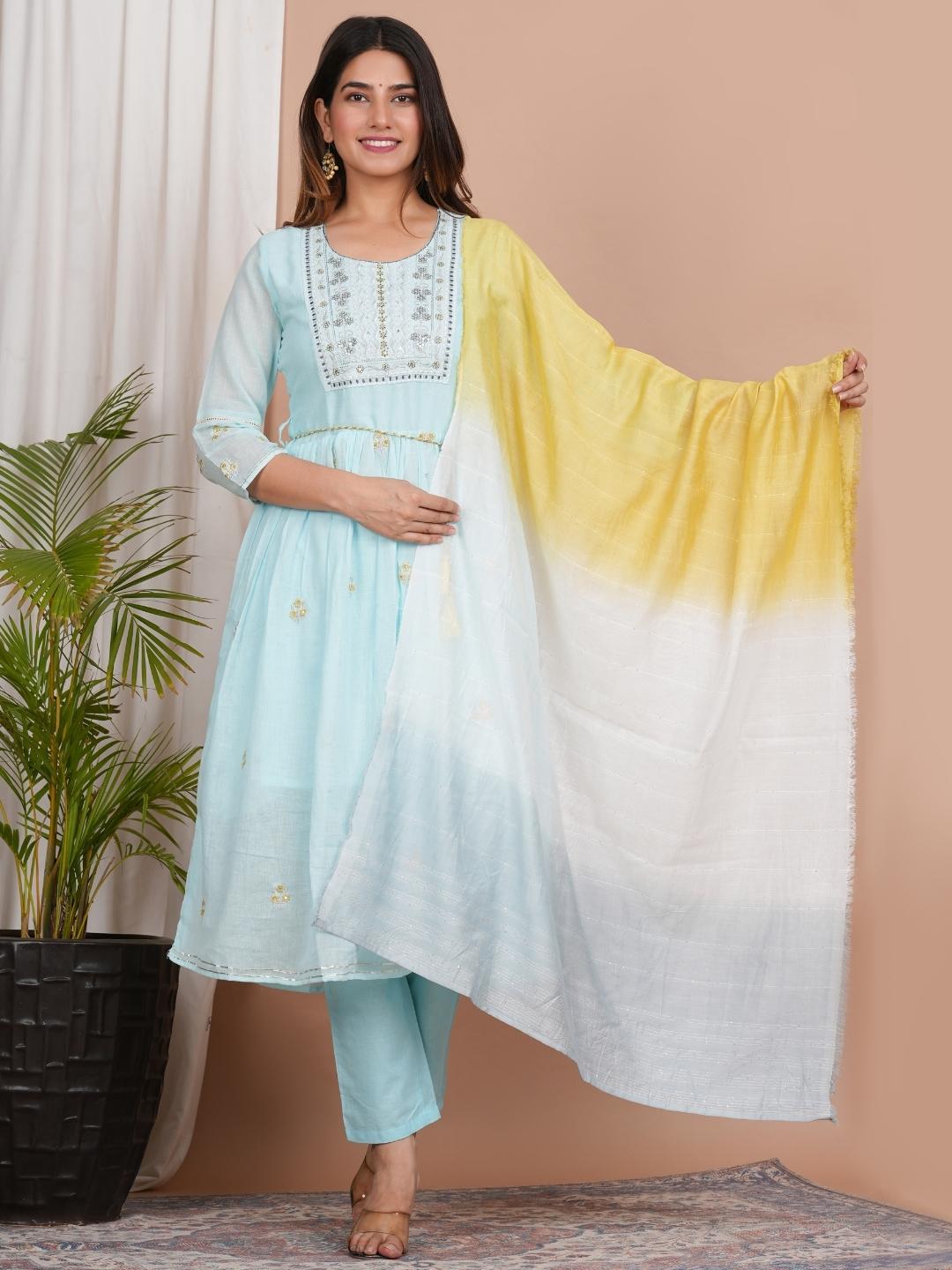 LIVING ROOTS Women Sky Blue- Motifs Embroidered Pure Cotton 3 Piece set (W-1PC-011-M)