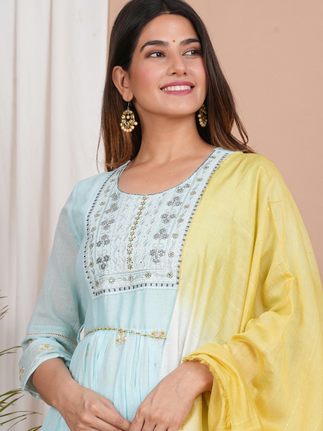 LIVING ROOTS Women Sky Blue- Motifs Embroidered Pure Cotton 3 Piece set (W-1PC-011-M)