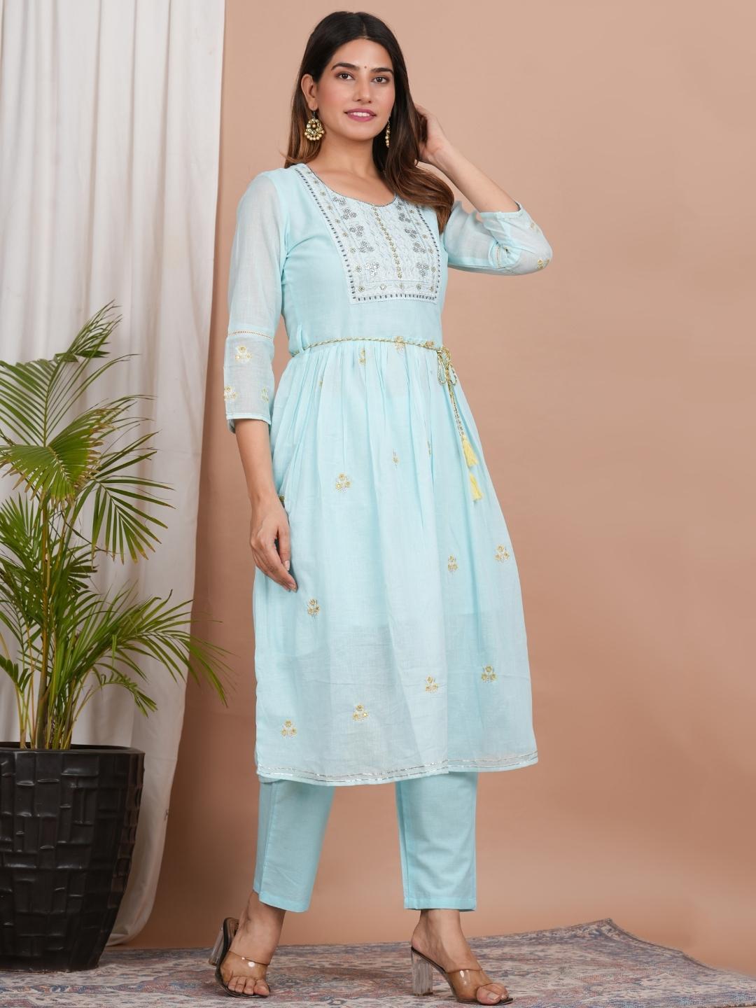 LIVING ROOTS Women Sky Blue- Motifs Embroidered Pure Cotton 3 Piece set (W-1PC-011-M)