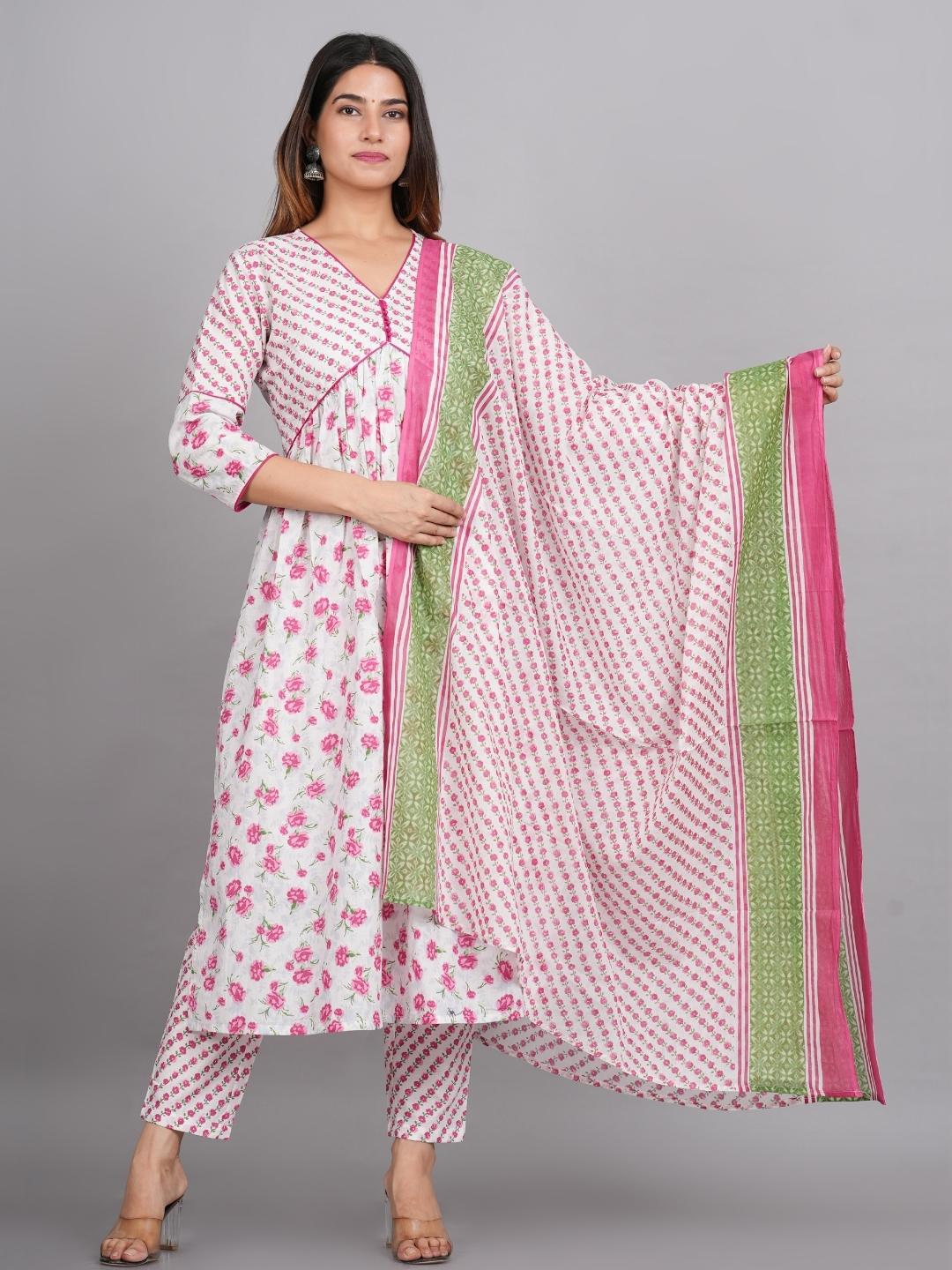 LIVING ROOTS Block Printed Alia Cut Pink Pure Cotton 3 Piece Suit (W-1PC-007-M)