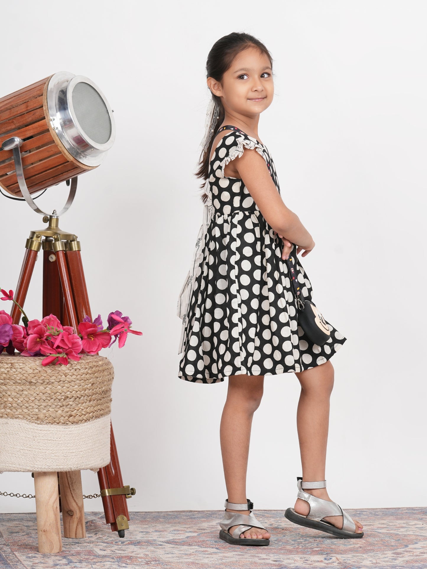 LIVING ROOTS Black Polka Dot Dress for Girls (G-1PC-009-3-4Y)