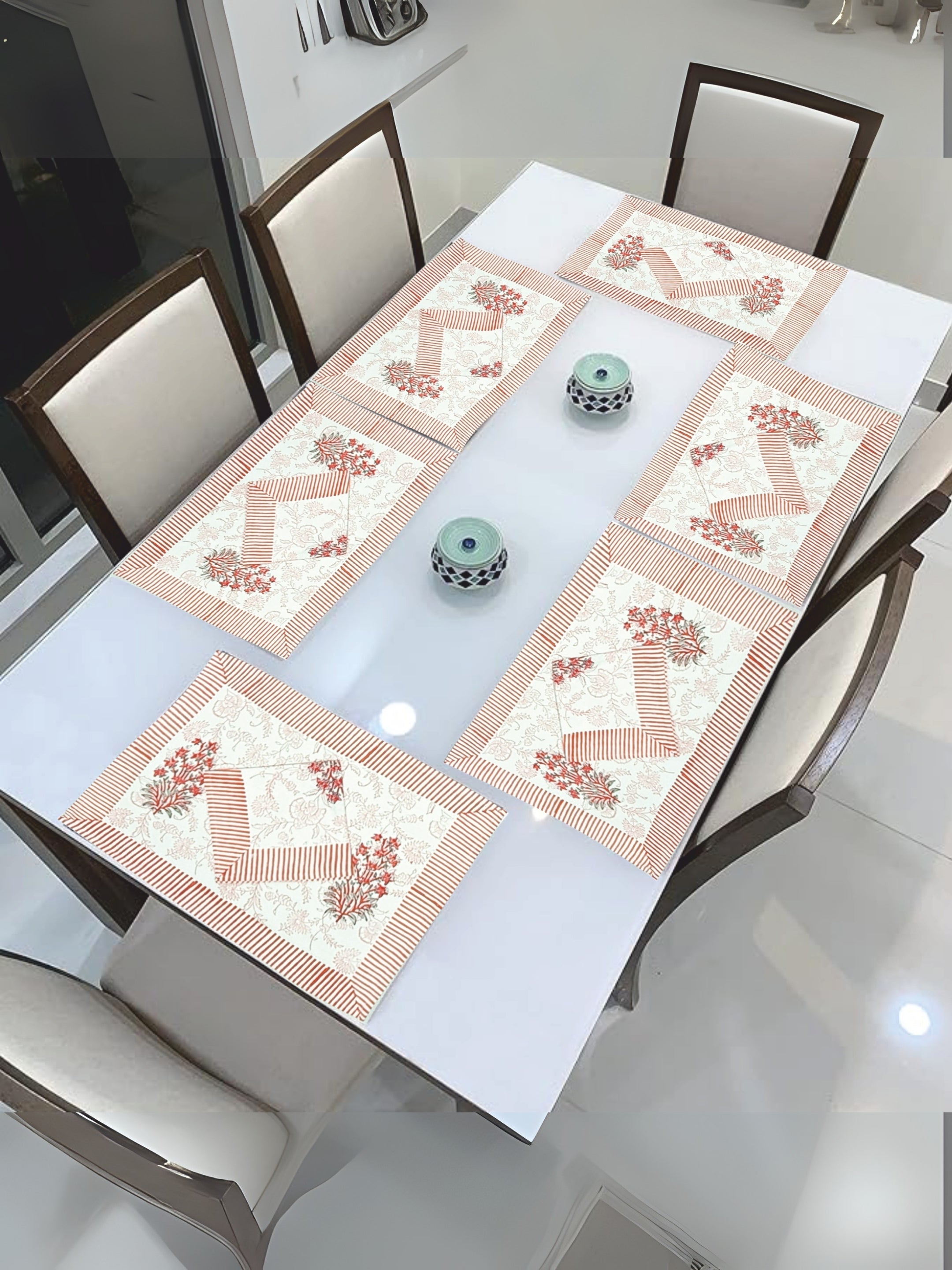 Living Roots Canvas Cotton 6 Piece Table Mat & 6 Piece Table Napkins White & Pink,Table Place Napkins, Elegant Dining Decor (007)
