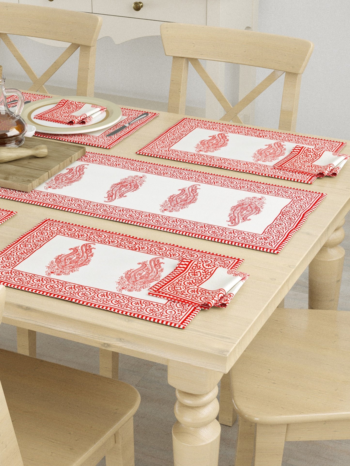 Hand Block Printed Red & White Table Runner, Mat and Napkin Set for Center/Dining Table