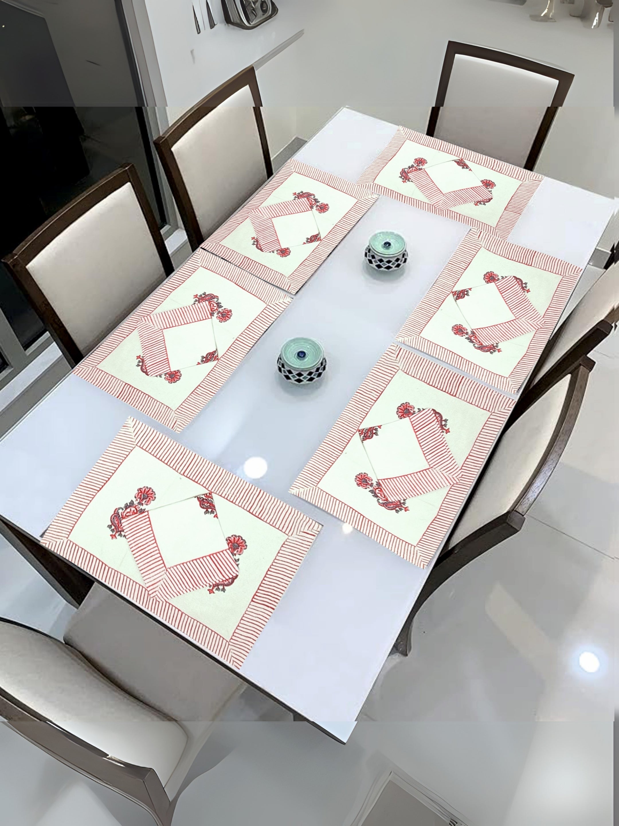Living Roots Canvas Cotton 6 Piece Table Mat & 6 Piece Table Napkins White & Pink,Table Place Napkins, Elegant Dining Decor (006)