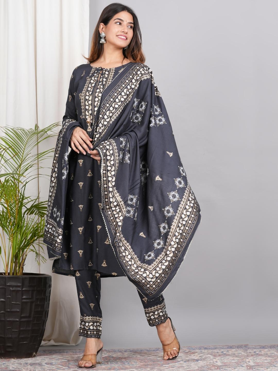 LIVING ROOTS Block Printed Black Pure Cotton 3 Piece Suit (W-1PC-009-M)