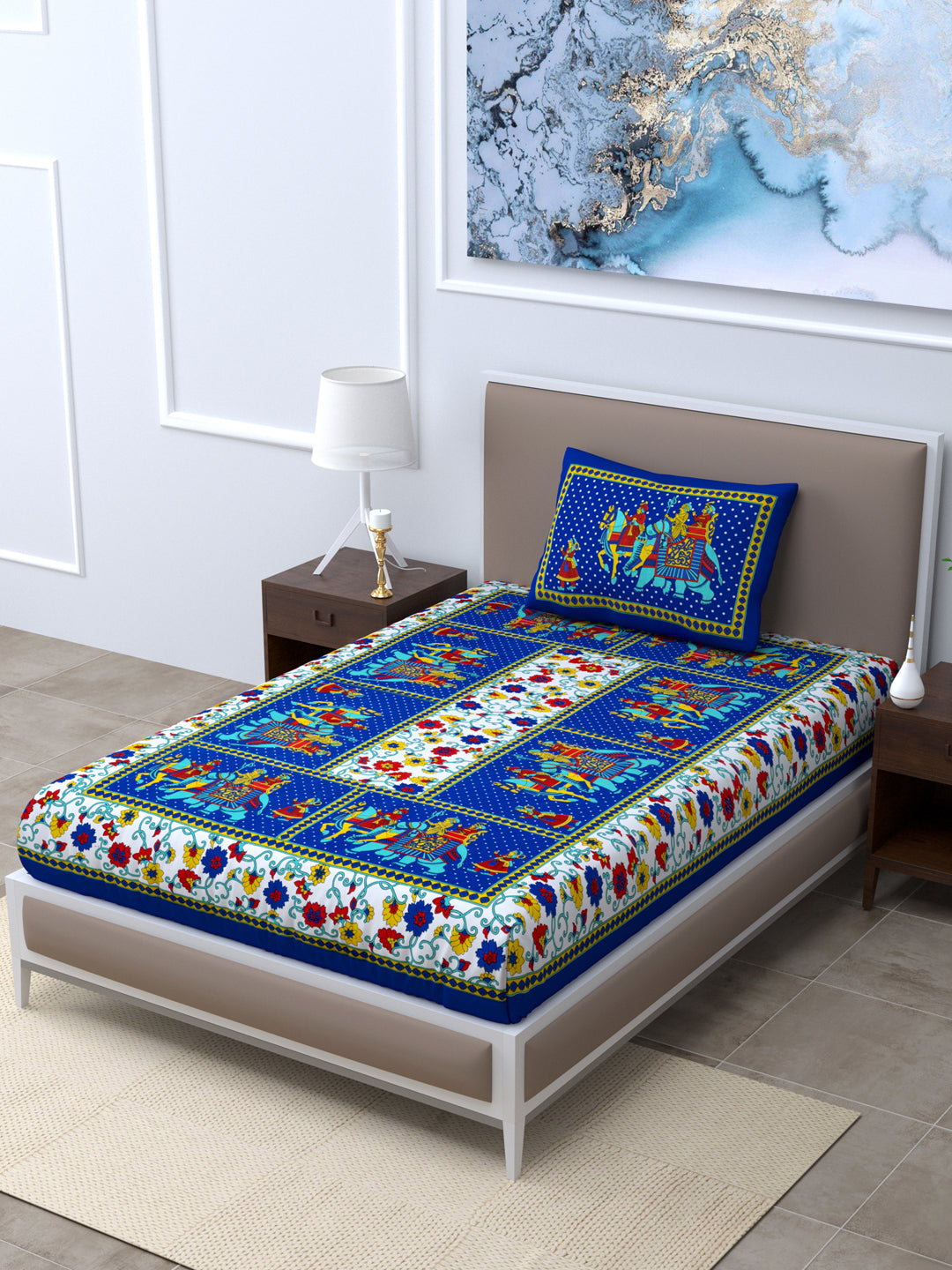 LIVING ROOTS Single Bed Bedsheet   Pure Cotton Fabric Size  60*90 Sanganeri Print Blue Colour (30-012-A)