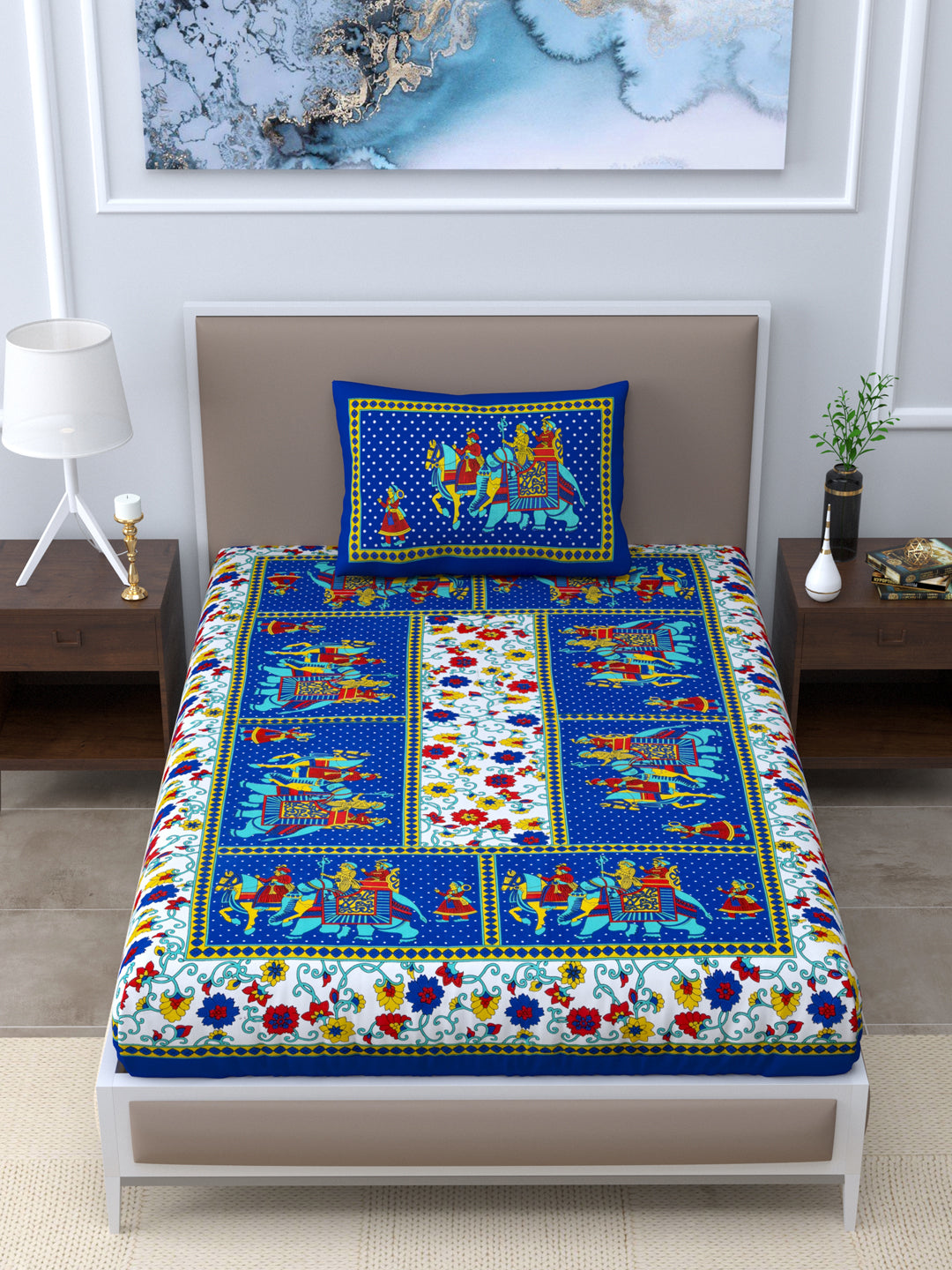 LIVING ROOTS Single Bed Bedsheet   Pure Cotton Fabric Size  60*90 Sanganeri Print Blue Colour (30-012-A)