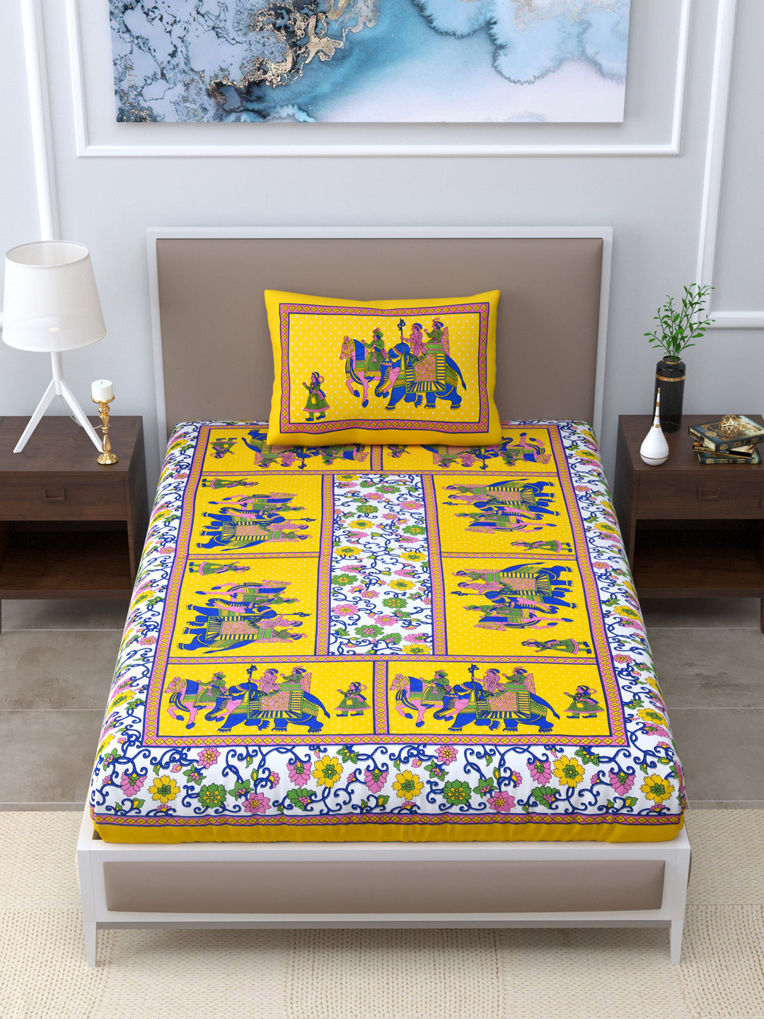 LIVING ROOTS Single Bed Bedsheet   Pure Cotton Fabric Size  60*90 Sanganeri Print Yellow Colour (30-012-B)