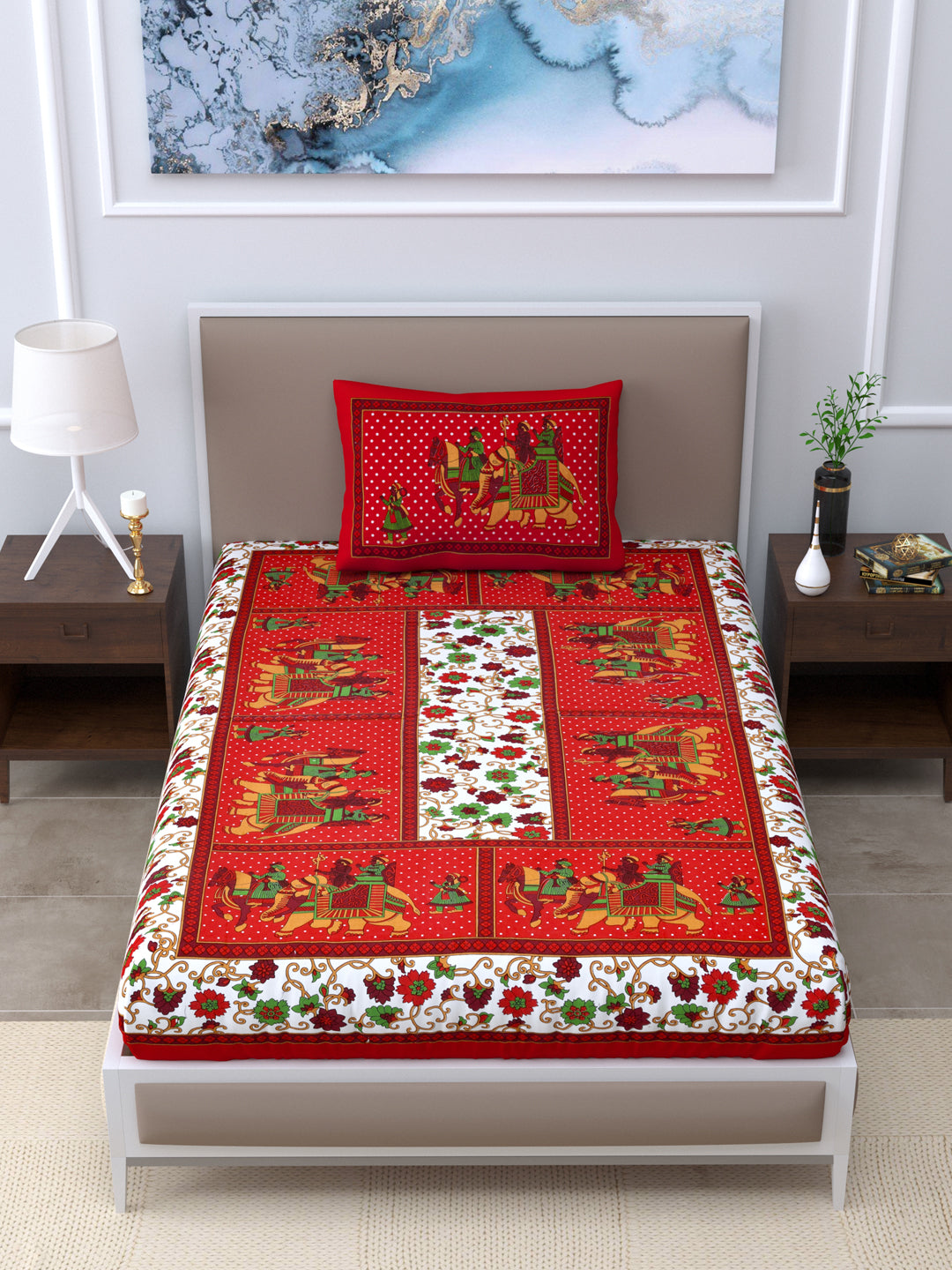 LIVING ROOTS Single Bed Bedsheet Pure Cotton Fabric Size  60*90 Sanganeri Print Red Colour (30-012-C)