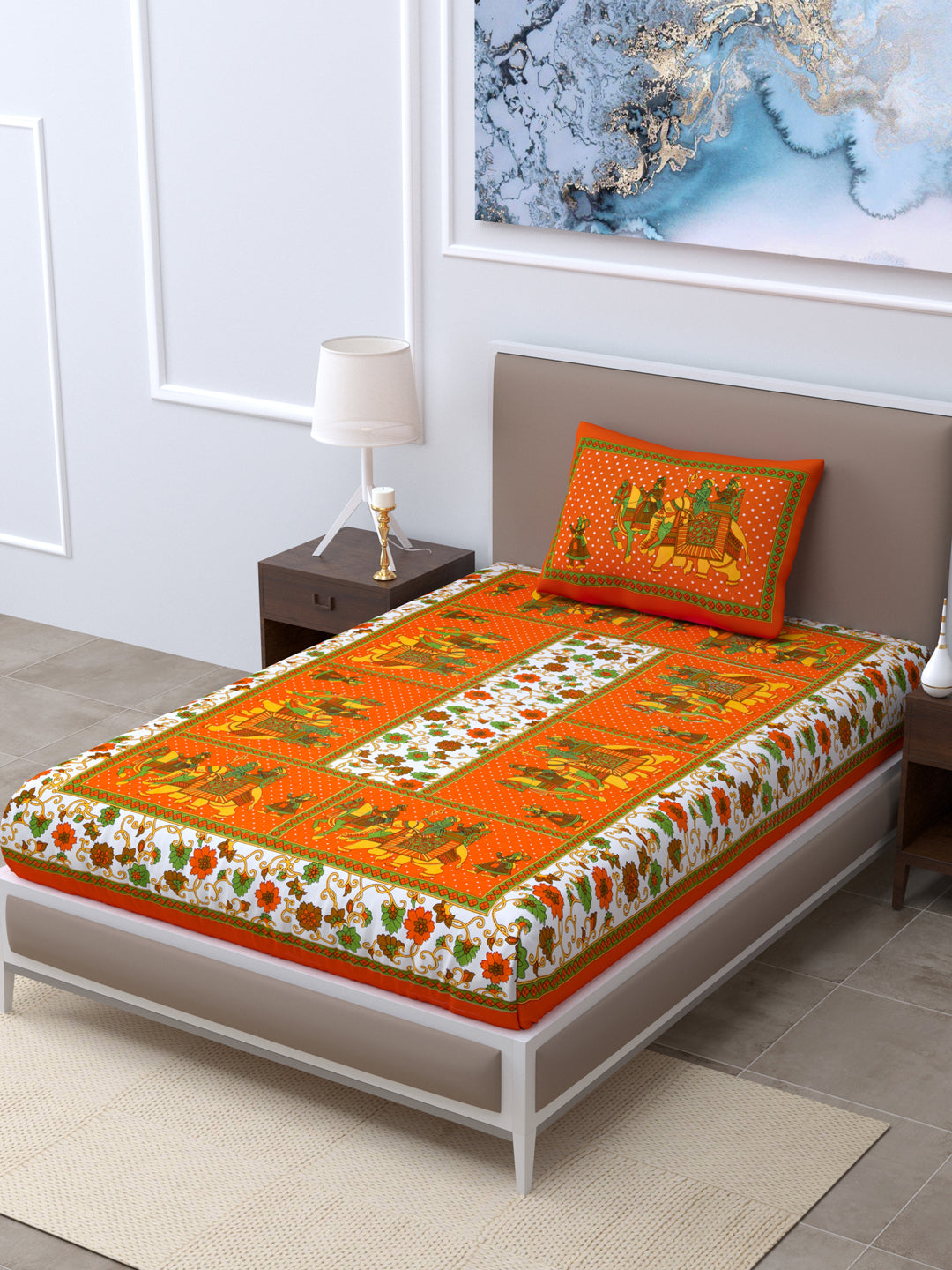 Copy of Single Bed Bedsheet Pure Cotton Fabric Size  60*90 Sanganeri Print Orange Colour