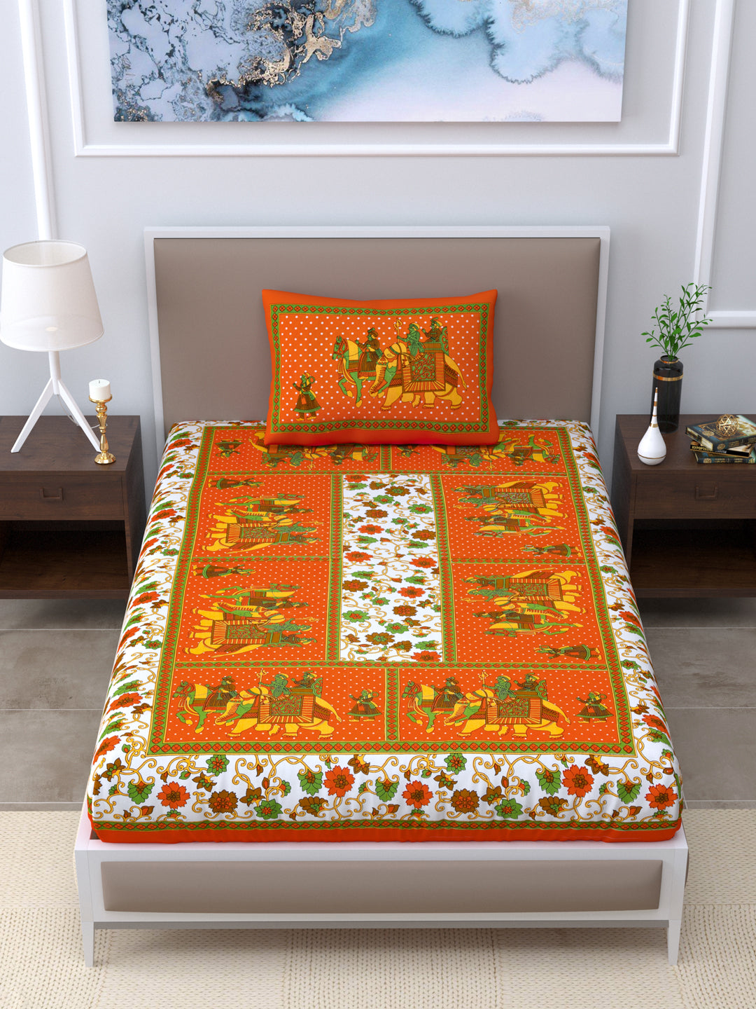 Copy of Single Bed Bedsheet Pure Cotton Fabric Size  60*90 Sanganeri Print Orange Colour