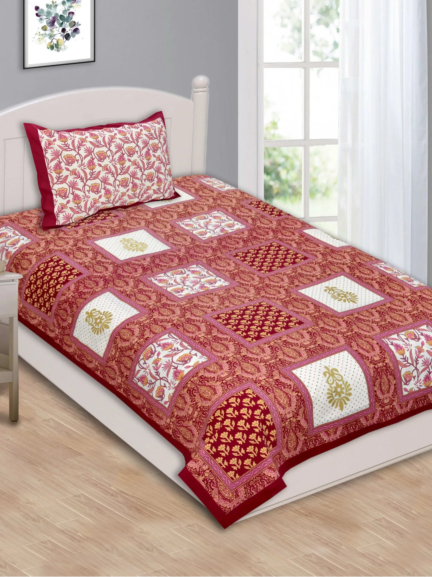 1 Single Size Bedsheet 56*86 inches (4.6*7.1 feet ) With 1 Pillow Cover | Pure Cotton | Rich Fast Colour with No Colour Bleeding | Soft & Skin Friendly (30-027-C)