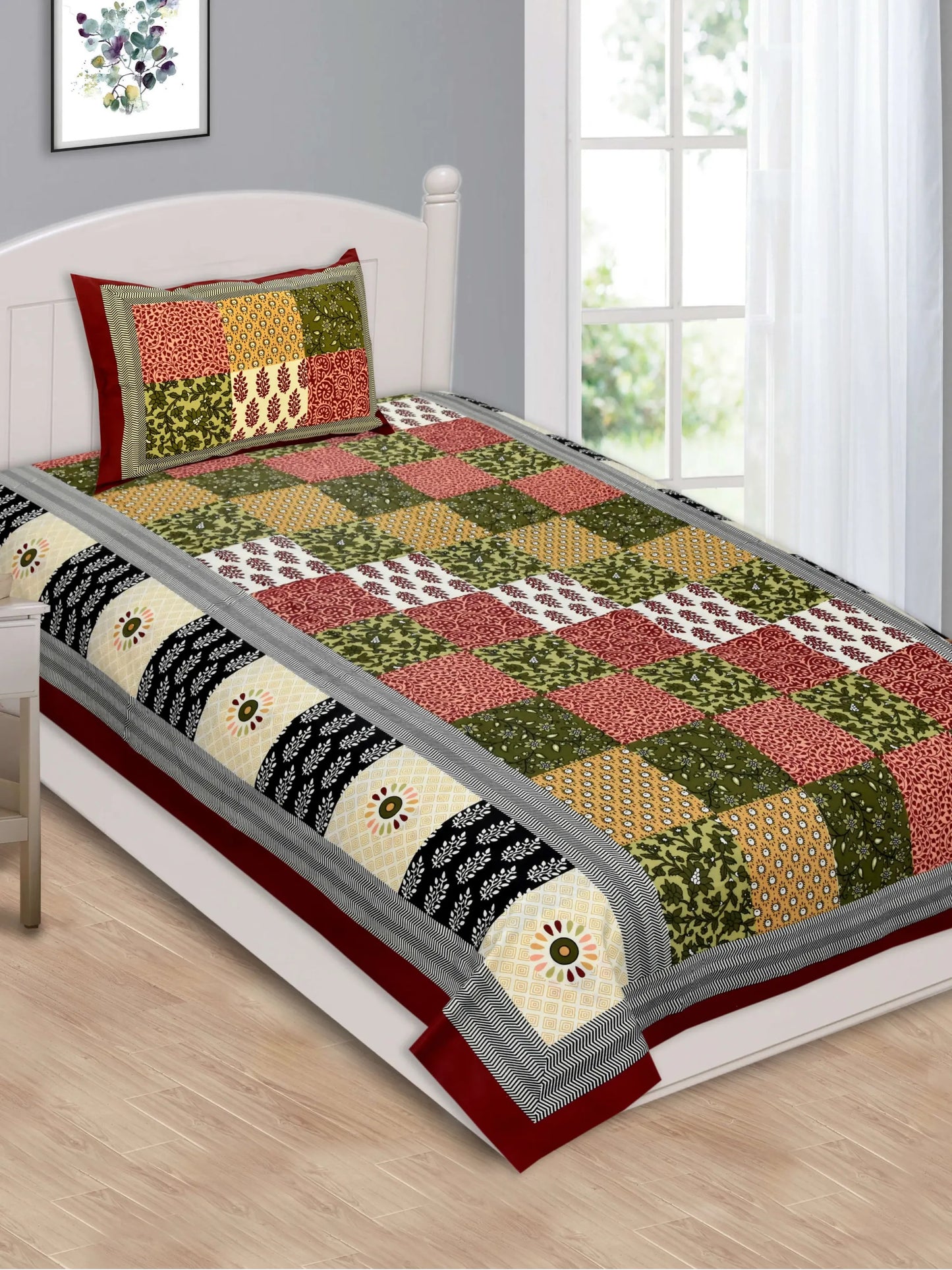 1 Single Size Bedsheet 56*86 inches (4.6*7.1 feet ) With 1 Pillow Cover | Pure Cotton | Rich Fast Colour with No Colour Bleeding | Soft & Skin Friendly (30-028-B)