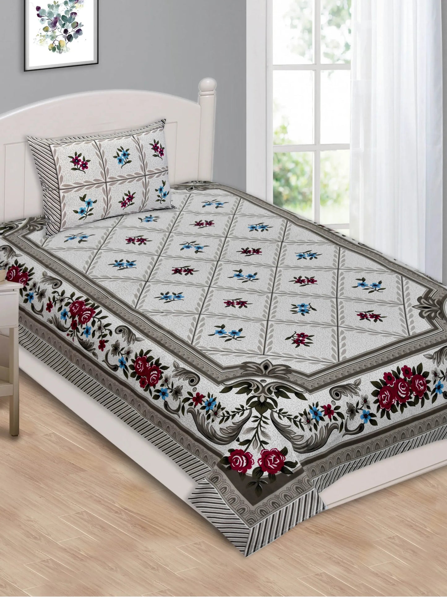 1 Single Size Bedsheet 56*86 inches (4.6*7.1 feet ) With 1 Pillow Cover | Pure Cotton | Rich Fast Colour with No Colour Bleeding | Soft & Skin Friendly (30-029-B)