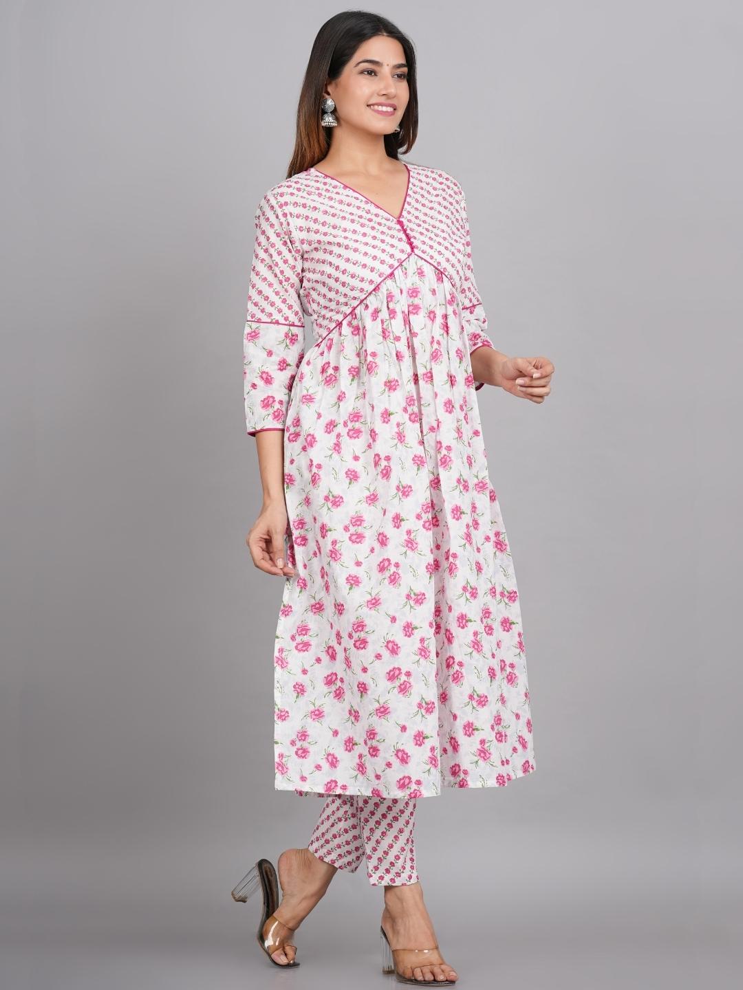 Block Printed Alia Cut Pink Pure Cotton 3 Piece Suit