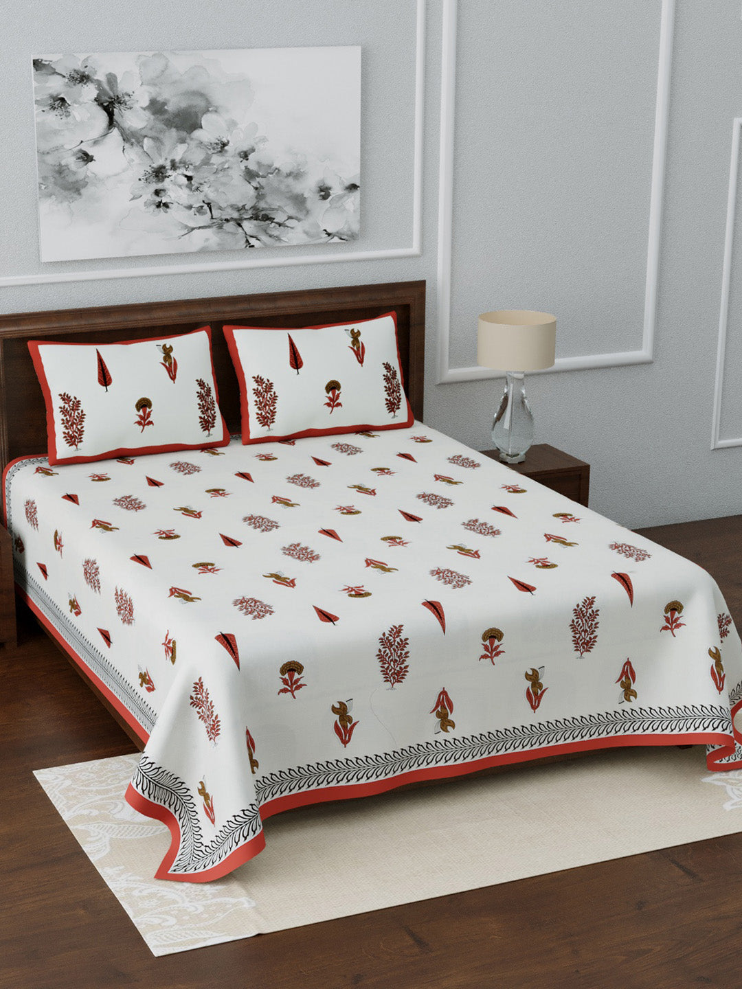 LIVING ROOTS Double Bedsheet King Size Pink Colour Flower Print Pure Cotton - 1 Bedsheet with 2 Pillow Covers (31-036-A)