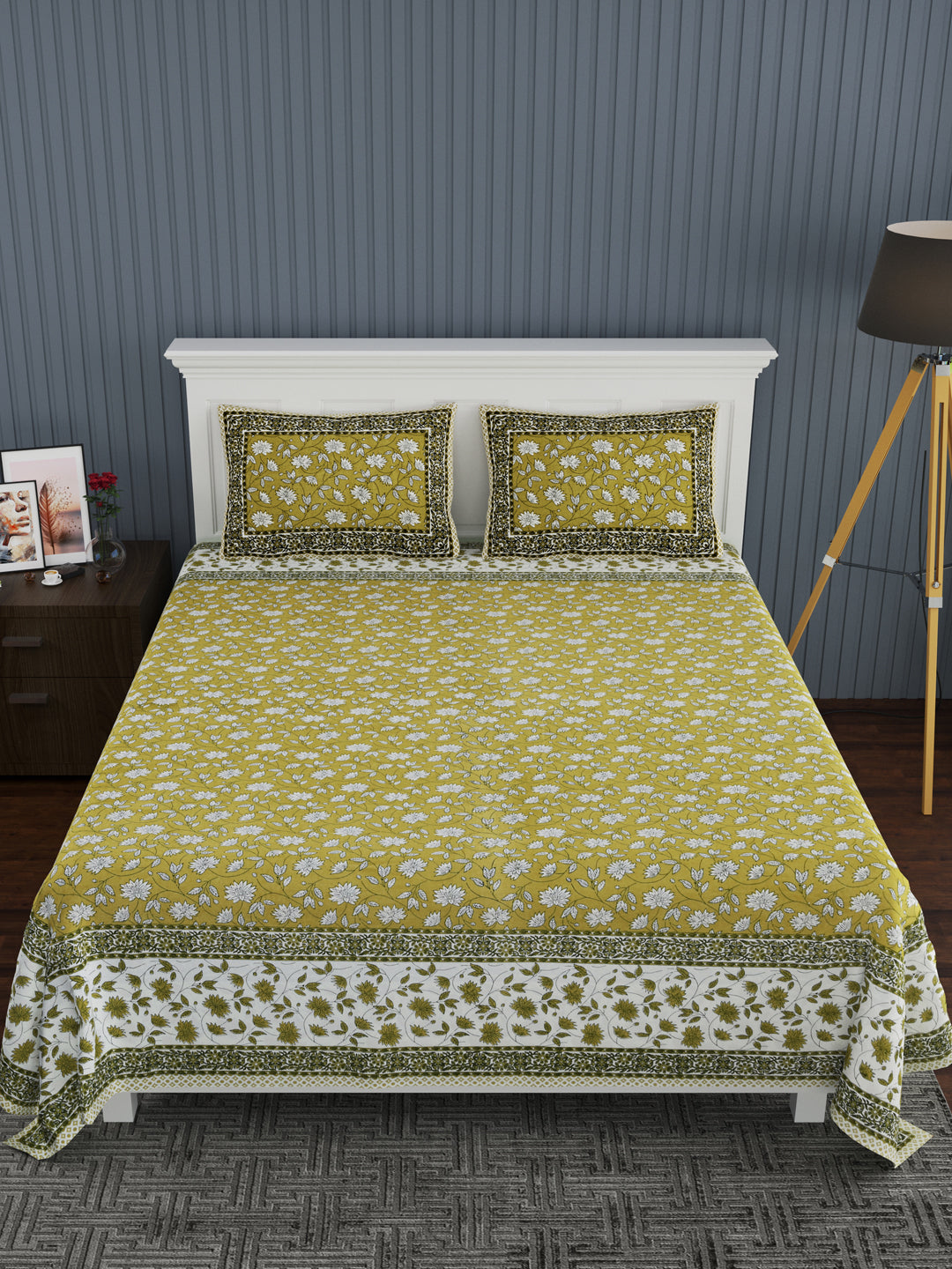 Super King Bedsheet Pure Cotton Fabric Size 94*106, 27*18 Green Colour Flower Print