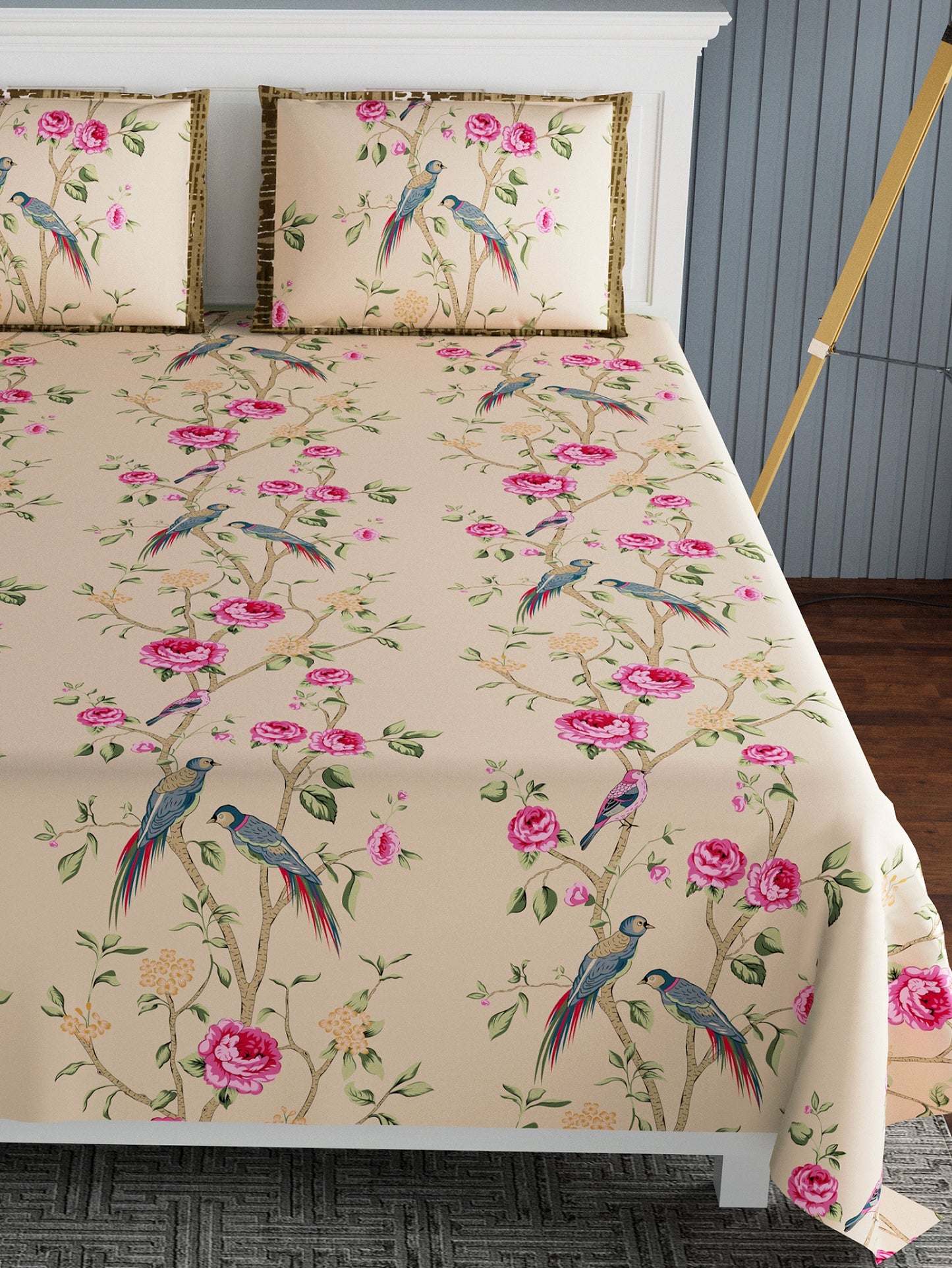 LIVING ROOTS Super King Bedsheet Pure Cotton Fabric Size 94*106, 27*18 Beige Colour Flower Print (31-114-A)