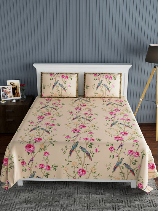 LIVING ROOTS Super King Bedsheet Pure Cotton Fabric Size 94*106, 27*18 Beige Colour Flower Print (31-114-A)