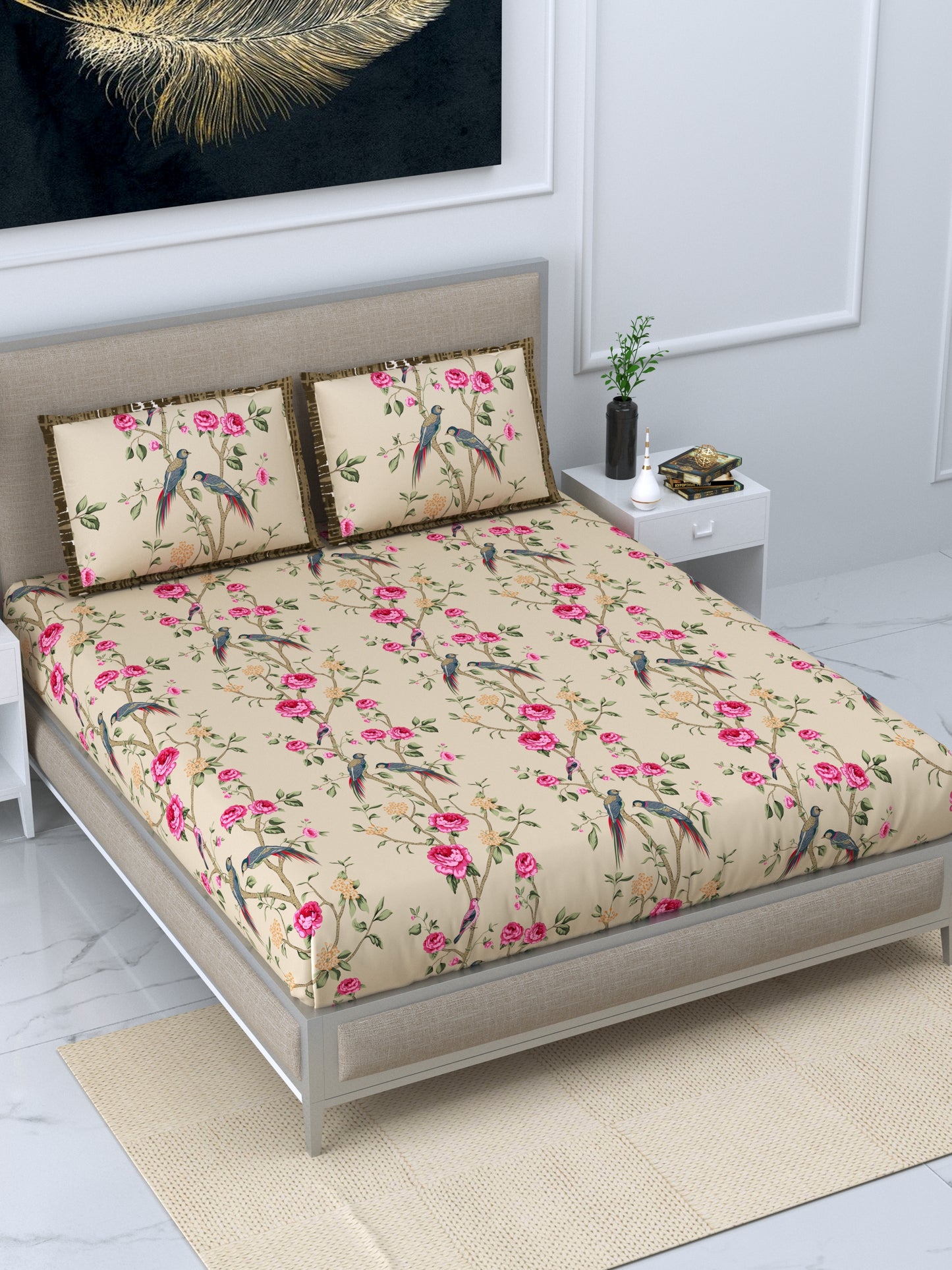 LIVING ROOTS Super King Bedsheet Pure Cotton Fabric Size 94*106, 27*18 Beige Colour Flower Print (31-114-A)