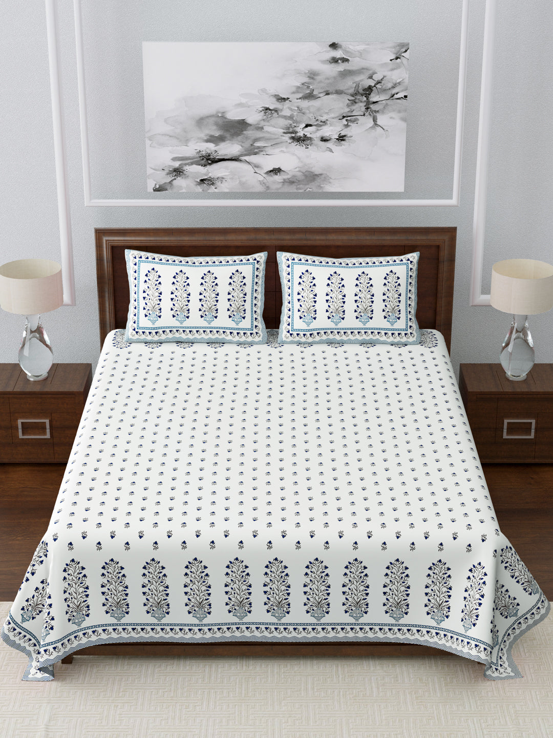 LIVING ROOTS King Size Double Bedsheet Pure Cotton - 1 Bedsheet with 2 Pillow Covers Blue Colour (31-132-A)