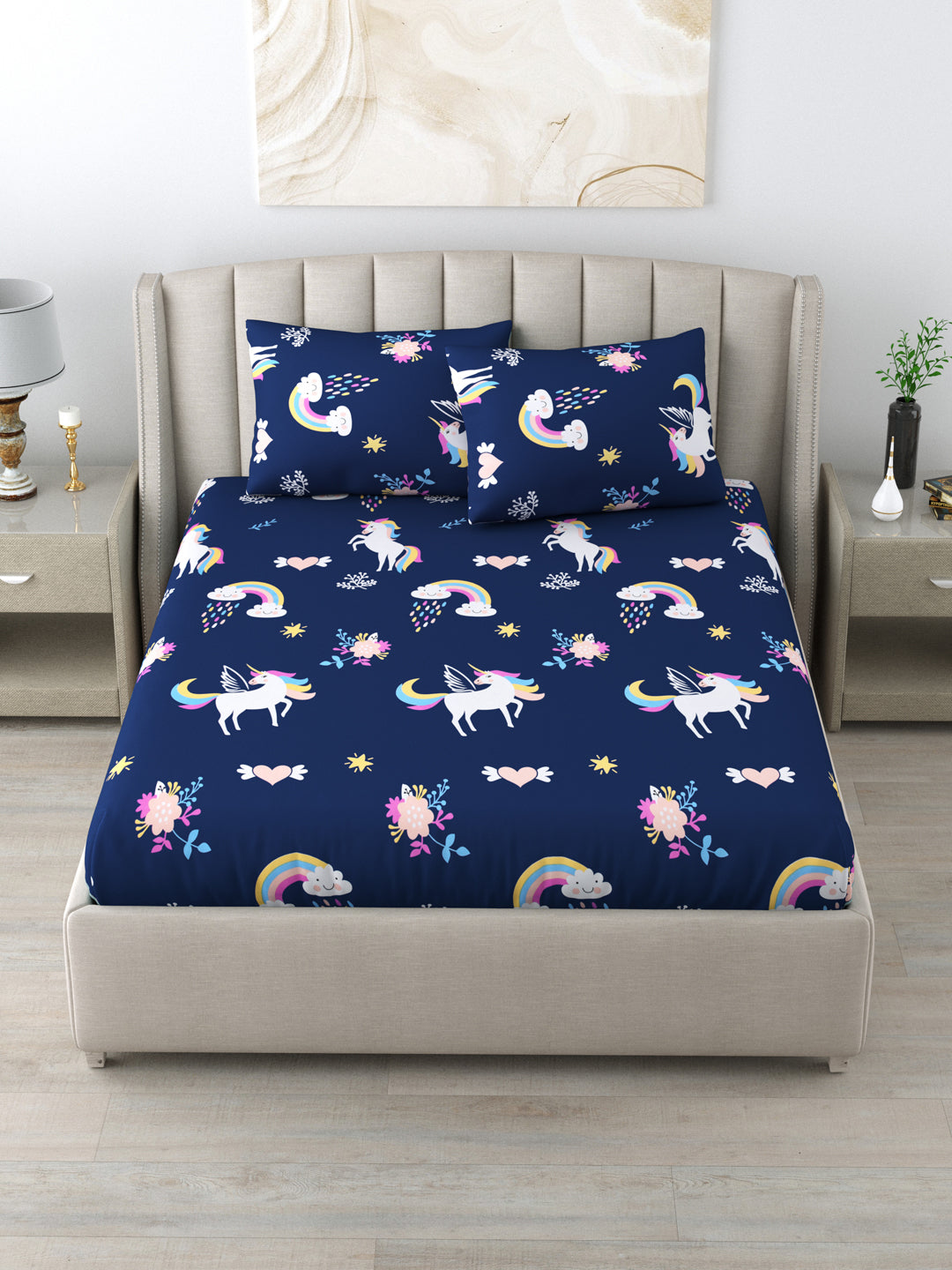 LIVING ROOTS Double Bedsheet Pure Cotton Blue Colour Printed Queen Size Bedsheet With 2 Pillow Cover (31-168-A)