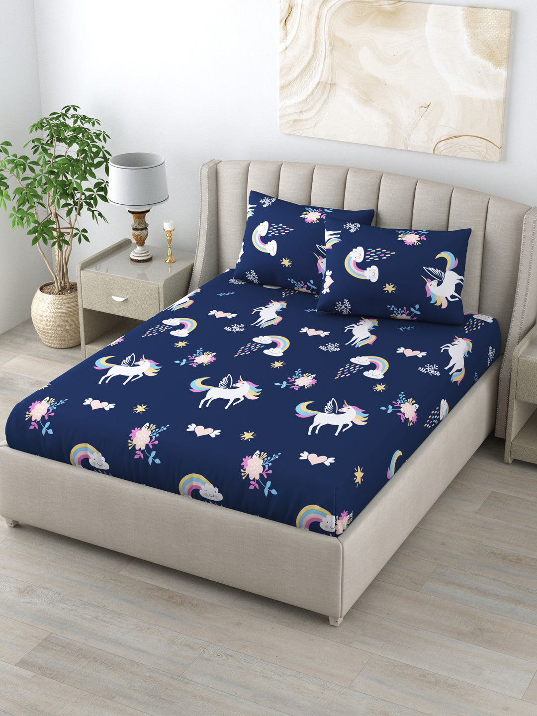 LIVING ROOTS Double Bedsheet Pure Cotton Blue Colour Printed Queen Size Bedsheet With 2 Pillow Cover (31-168-A)