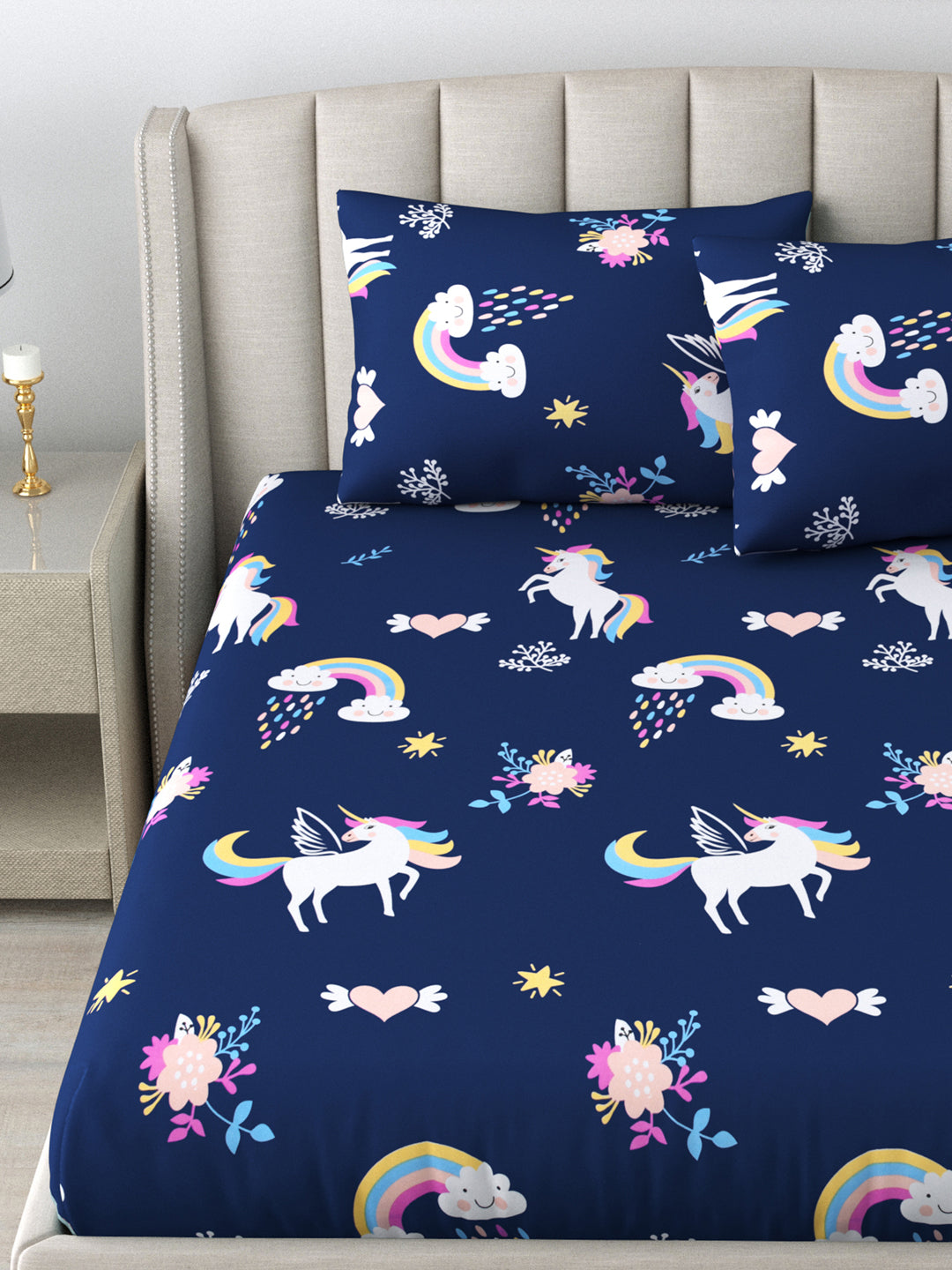 LIVING ROOTS Double Bedsheet Pure Cotton Blue Colour Printed Queen Size Bedsheet With 2 Pillow Cover (31-168-A)