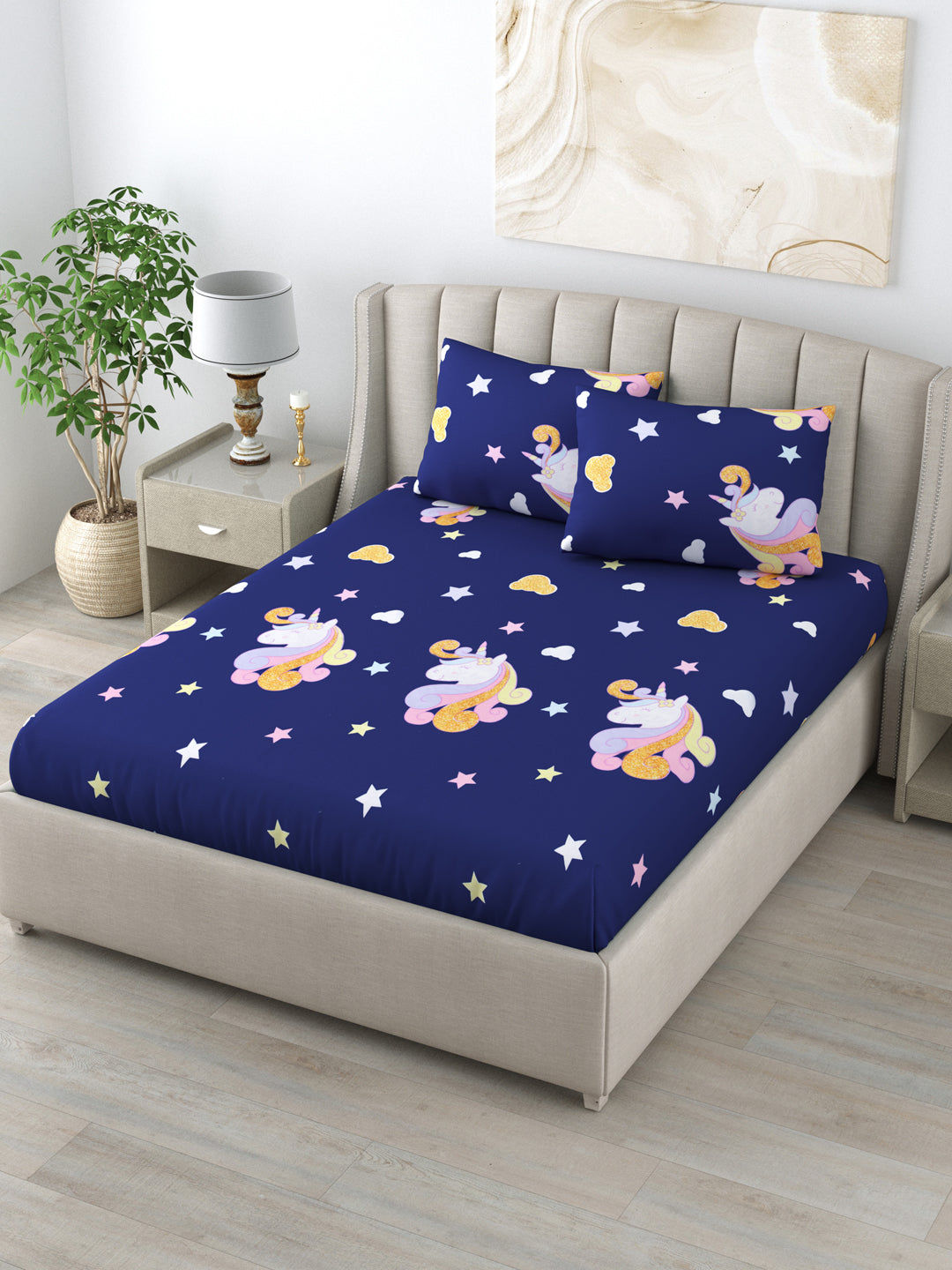 Double Bedsheet Pure Cotton Blue Colour Printed Queen Size Bedsheet With 2 Pillow Cover